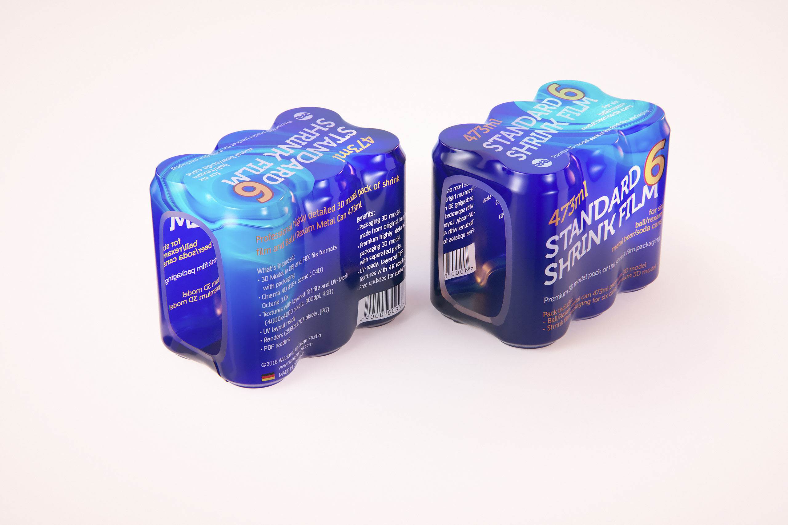 Premium packaging 3D Model of 6x473ml Standard Soda Cans in Shrink Film Wrap