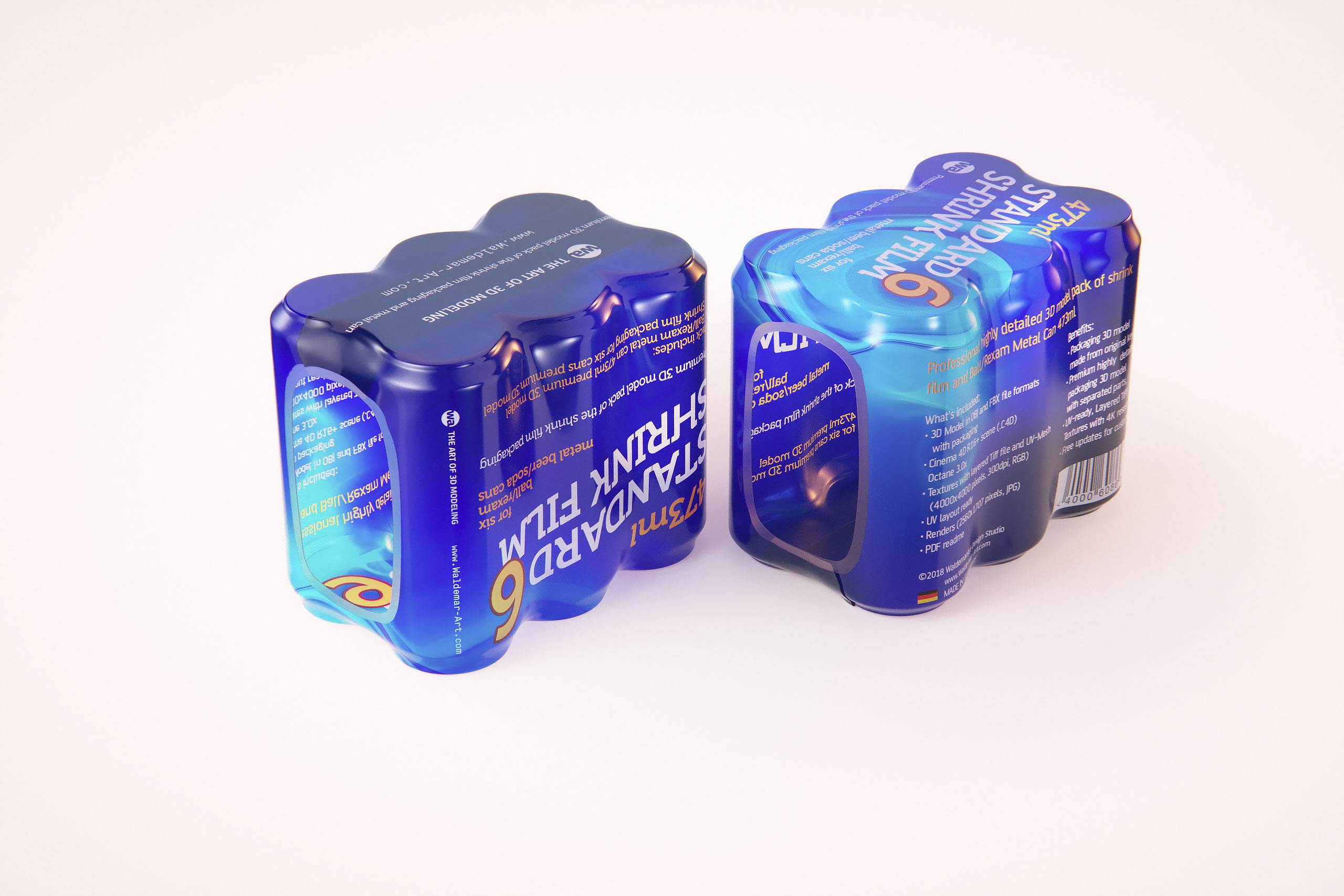 Premium packaging 3D Model of 6x473ml Standard Soda Cans in Shrink Film Wrap