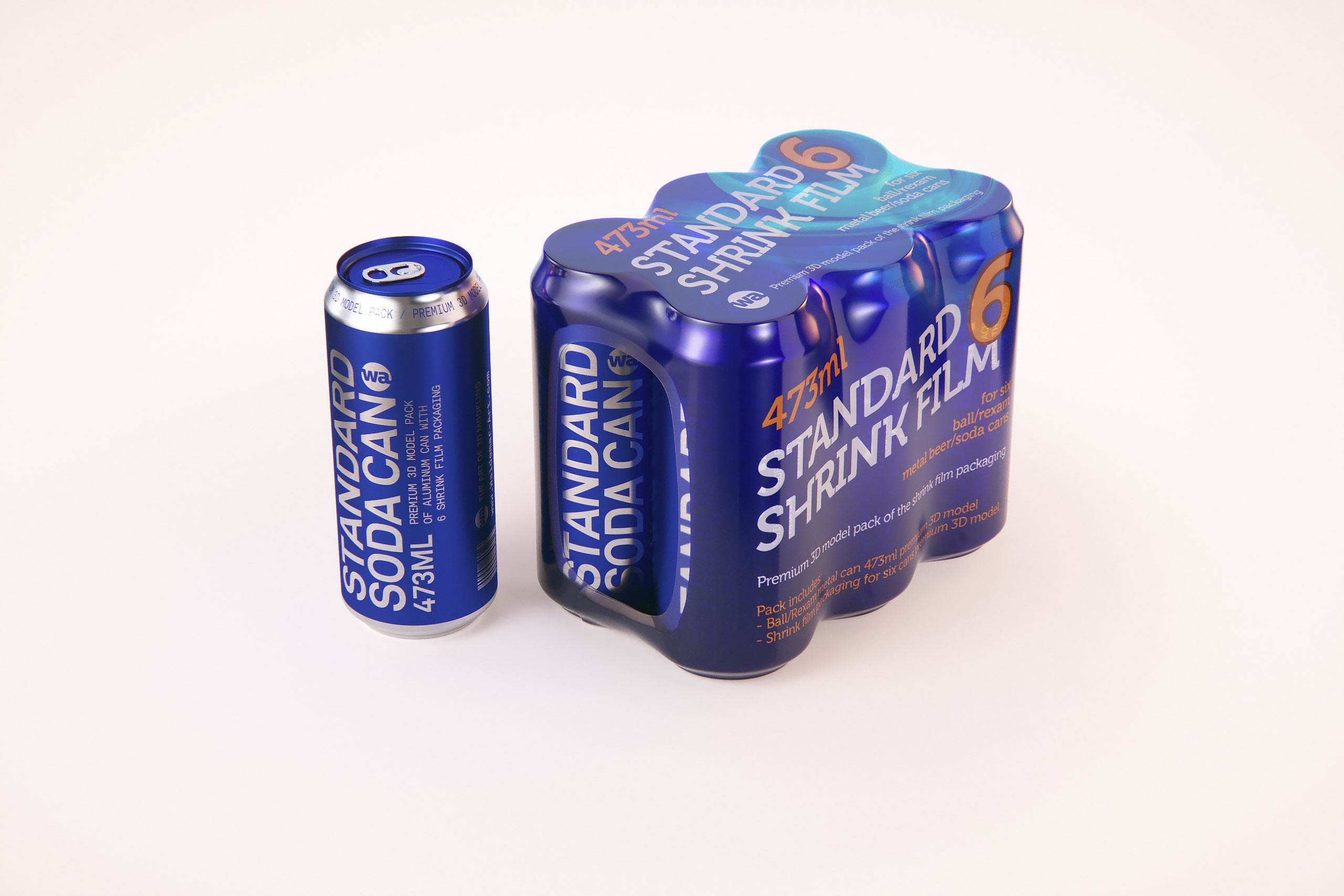 Premium packaging 3D Model of 6x473ml Standard Soda Cans in Shrink Film Wrap