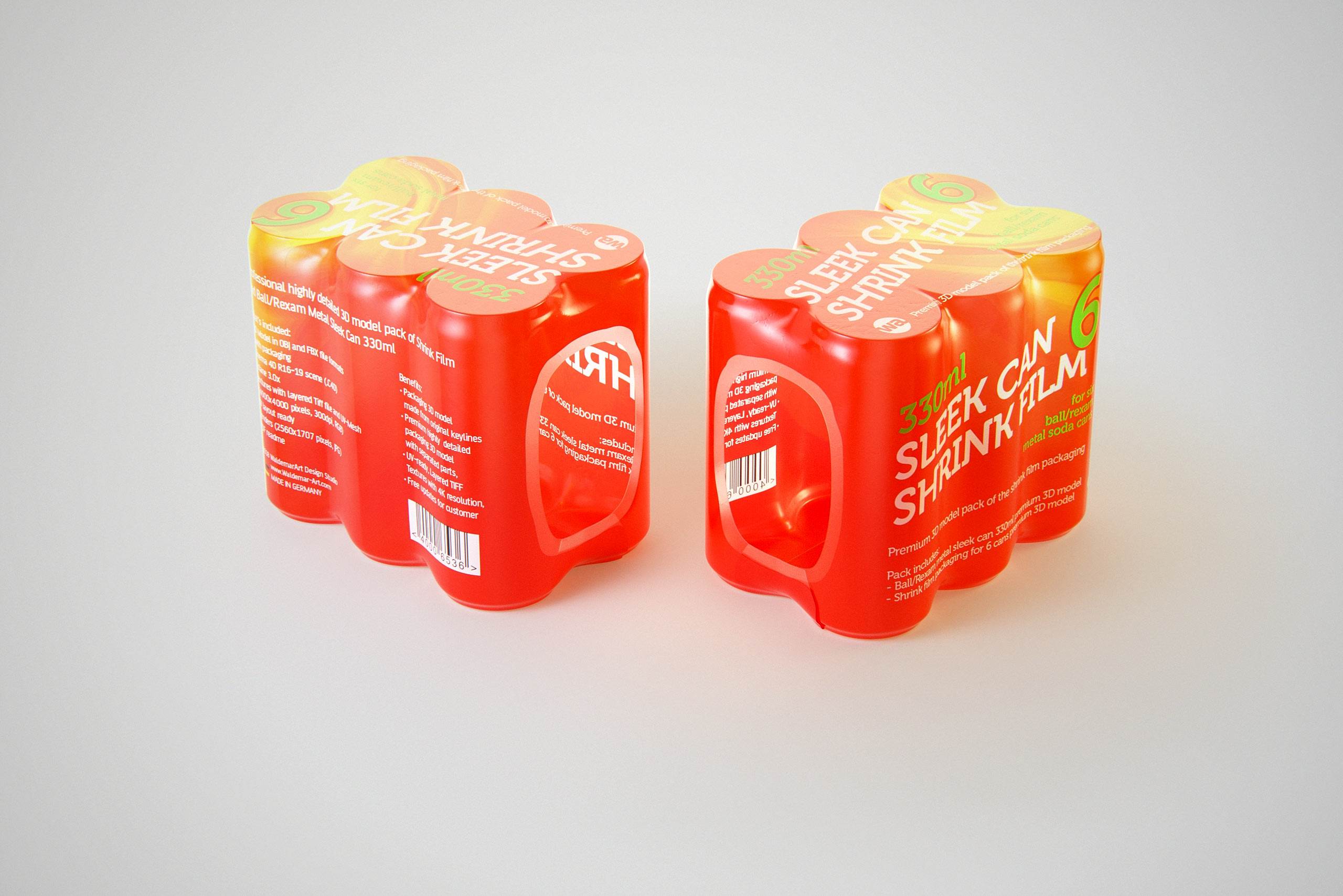 Premium packaging 3D Model of 6x330ml Sleek Beer/Soda Cans in Smooth Shrink Film Wrap