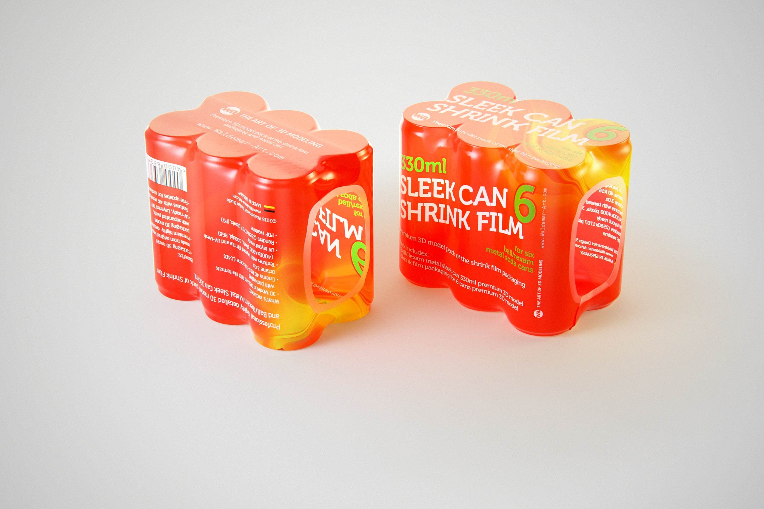 Premium packaging 3D Model of 6x330ml Sleek Beer/Soda Cans in Smooth Shrink Film Wrap