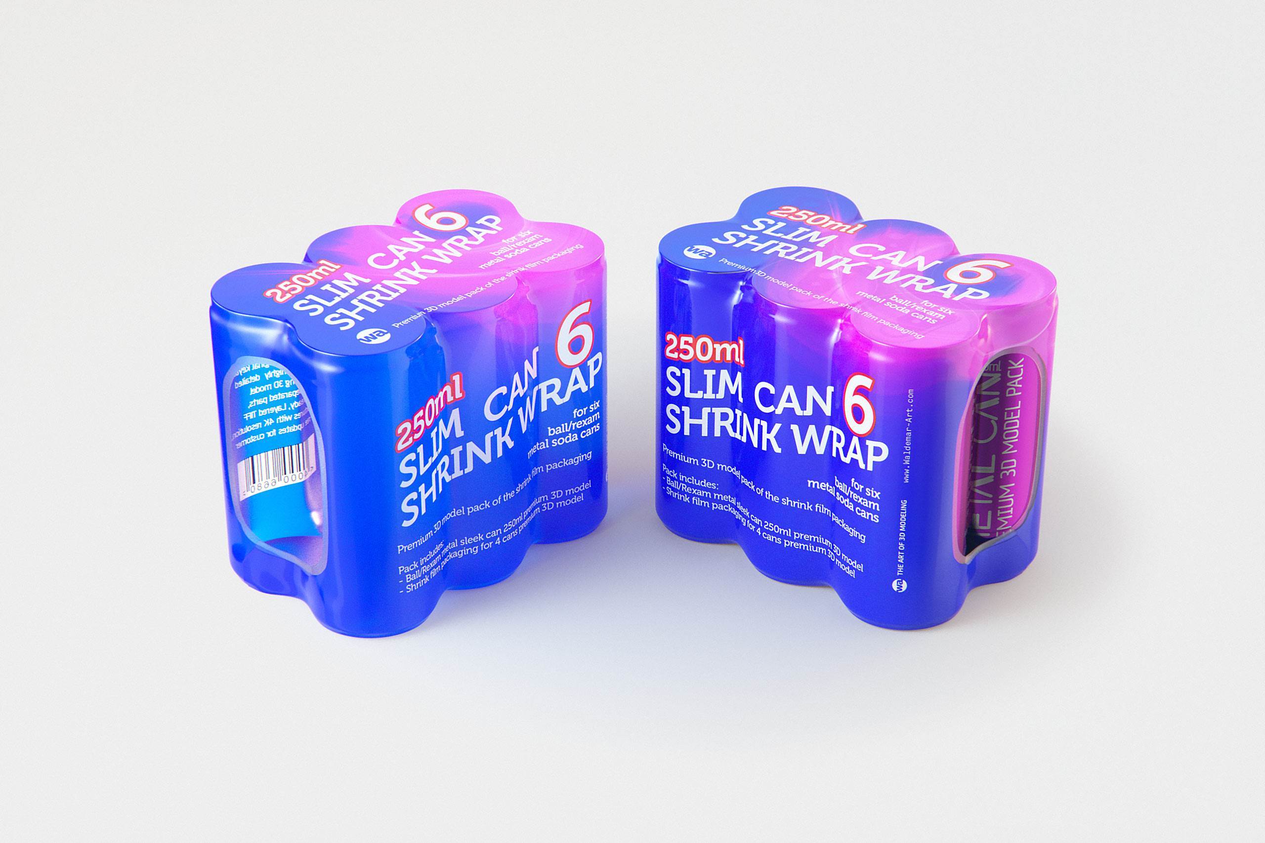 Premium 3D Model of 6x250ml Slim Soda Cans in Shrink Film Wrap