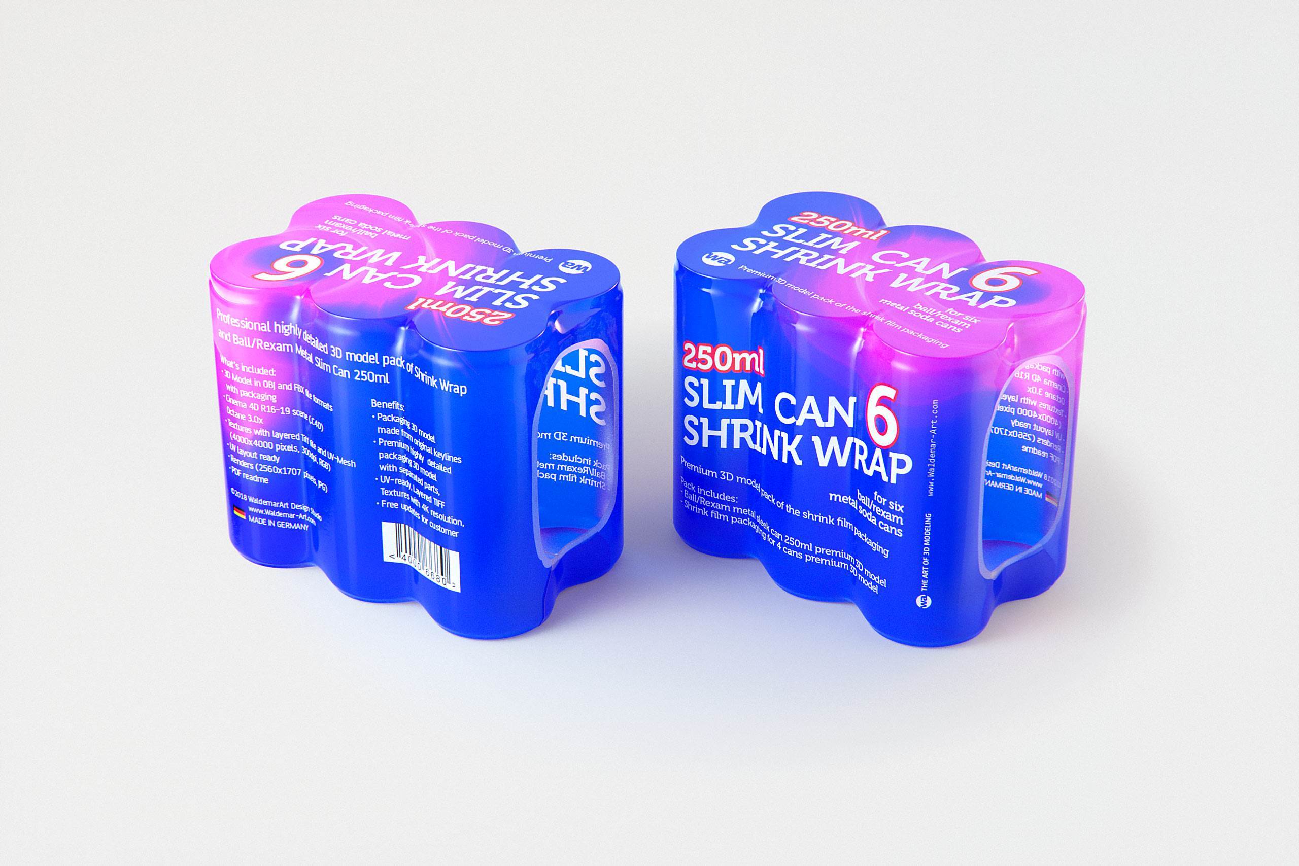 Premium 3D Model of 6x250ml Slim Soda Cans in Shrink Film Wrap