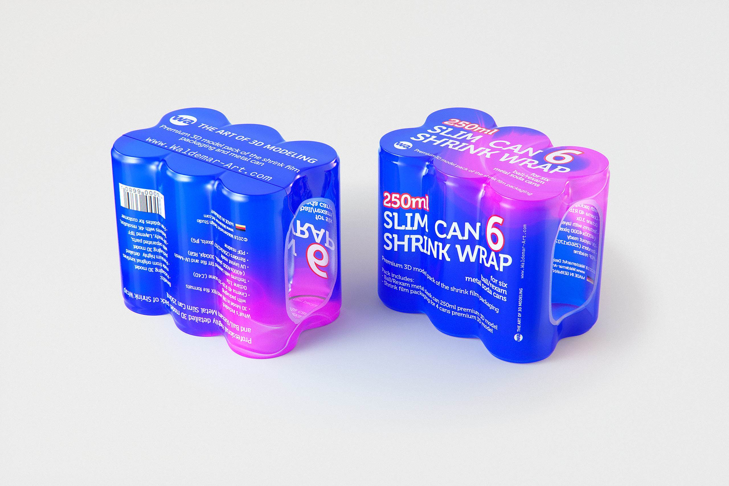 Premium 3D Model of 6x250ml Slim Soda Cans in Shrink Film Wrap