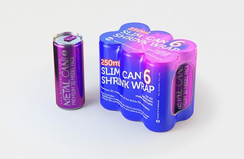 Multipack of 6×250ml slim soda cans in shrink film