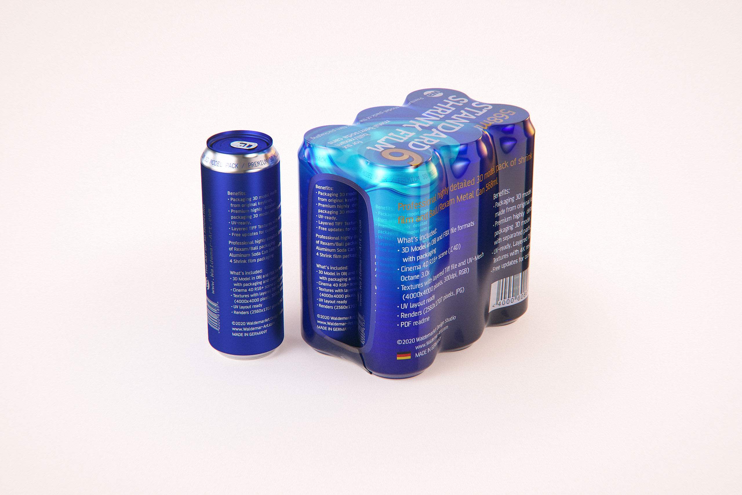 Premium packaging 3D Model of 6x568ml Standard Beer/Soda Cans in Shrink Film Wrap