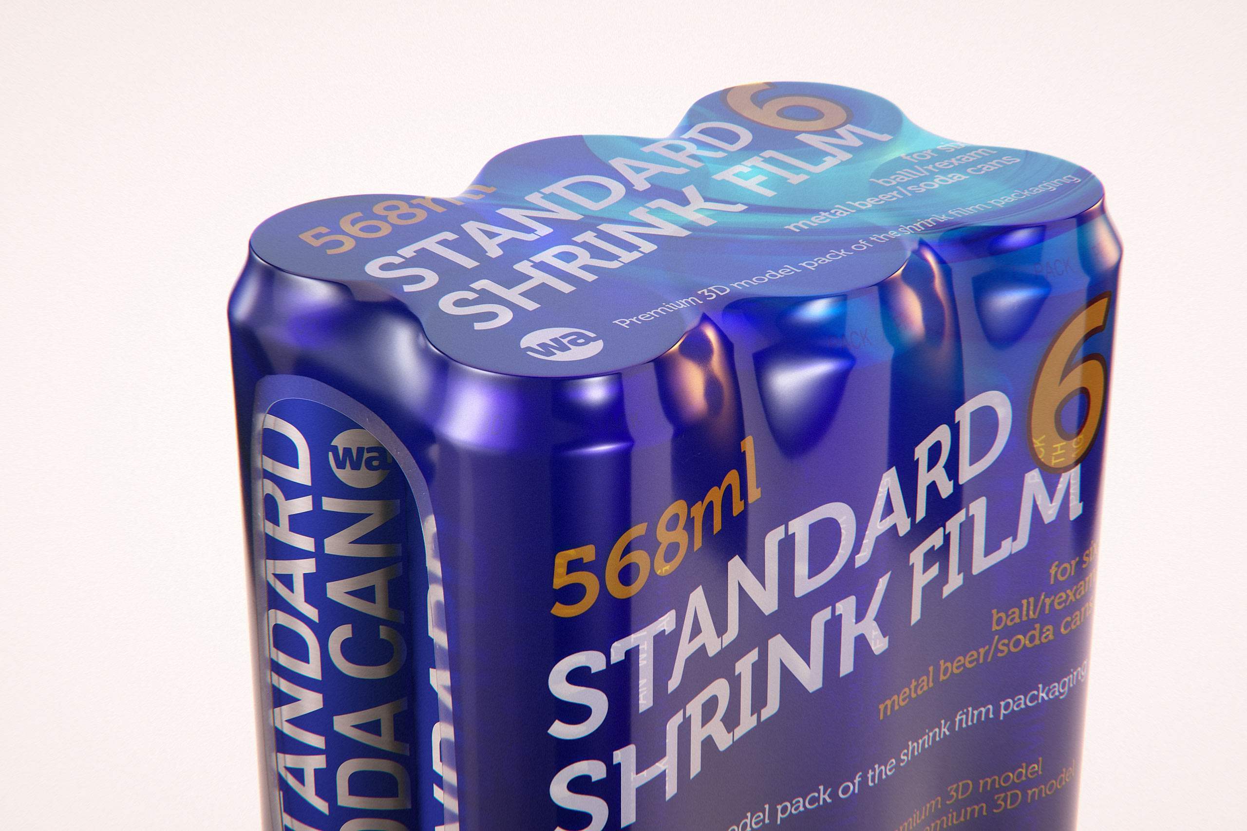 Premium packaging 3D Model of 6x568ml Standard Beer/Soda Cans in Shrink Film Wrap