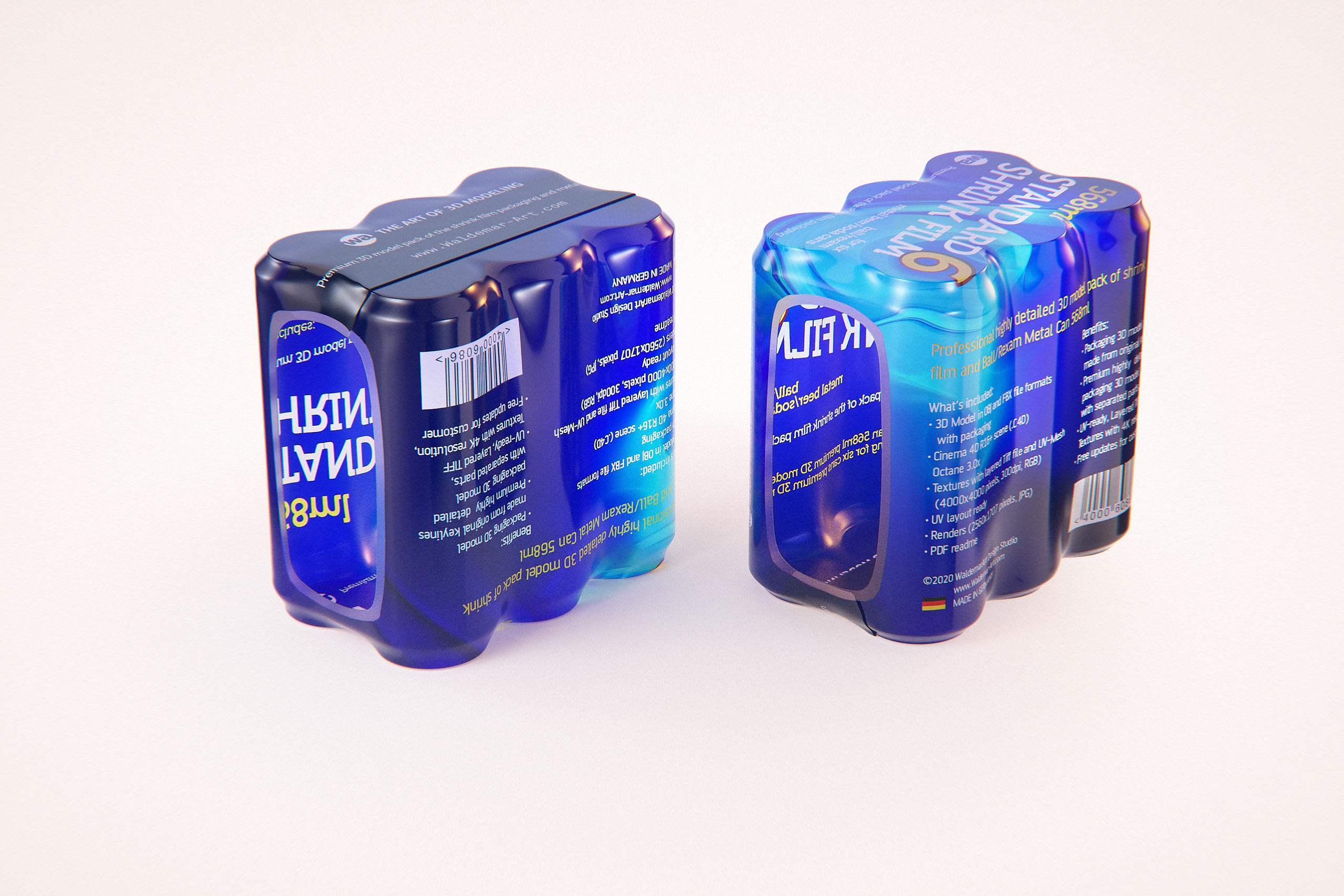 Premium packaging 3D Model of 6x568ml Standard Beer/Soda Cans in Shrink Film Wrap