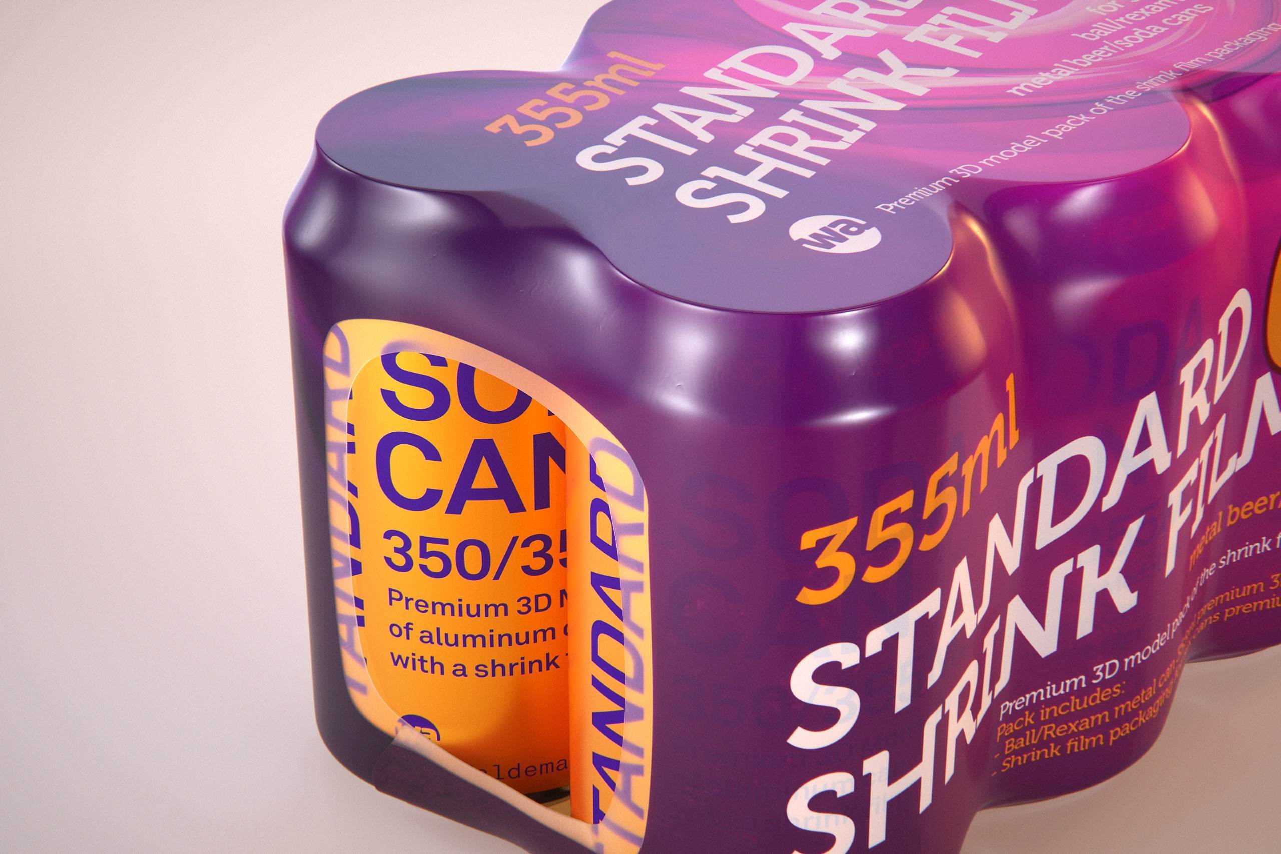 Premium packaging 3D Model of 6x350ml/355ml Standard Beer/Soda Cans in Smooth Shrink Film Wrap