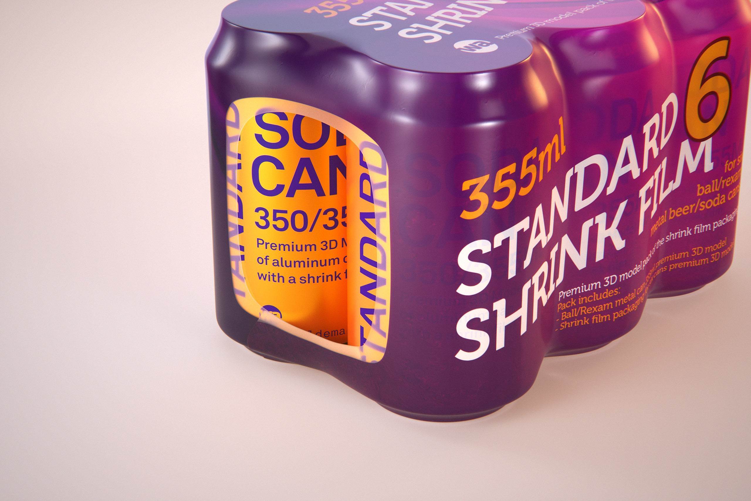 Premium packaging 3D Model of 6x350ml/355ml Standard Beer/Soda Cans in Smooth Shrink Film Wrap