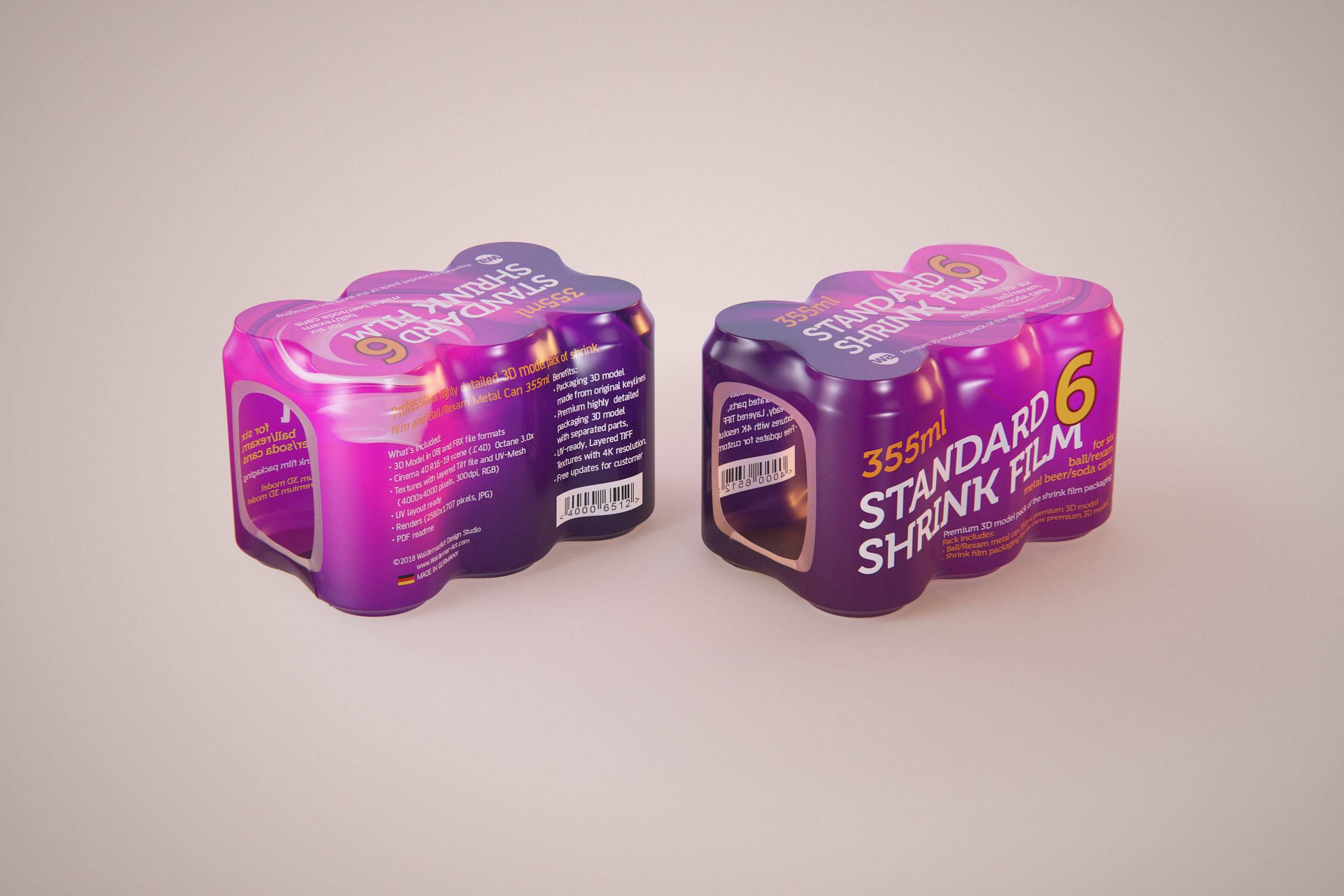 Premium packaging 3D Model of 6x350ml/355ml Standard Beer/Soda Cans in Smooth Shrink Film Wrap