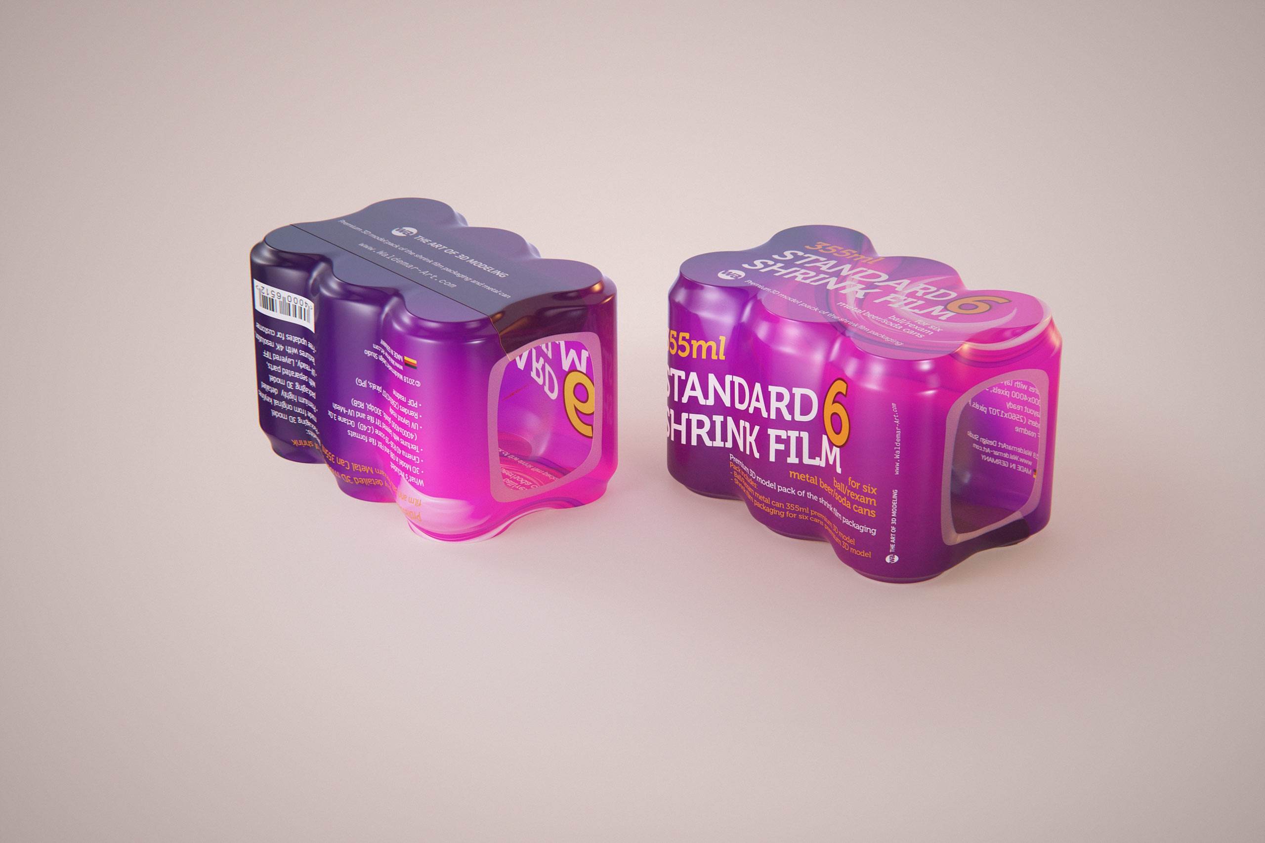 Premium packaging 3D Model of 6x350ml/355ml Standard Beer/Soda Cans in Smooth Shrink Film Wrap