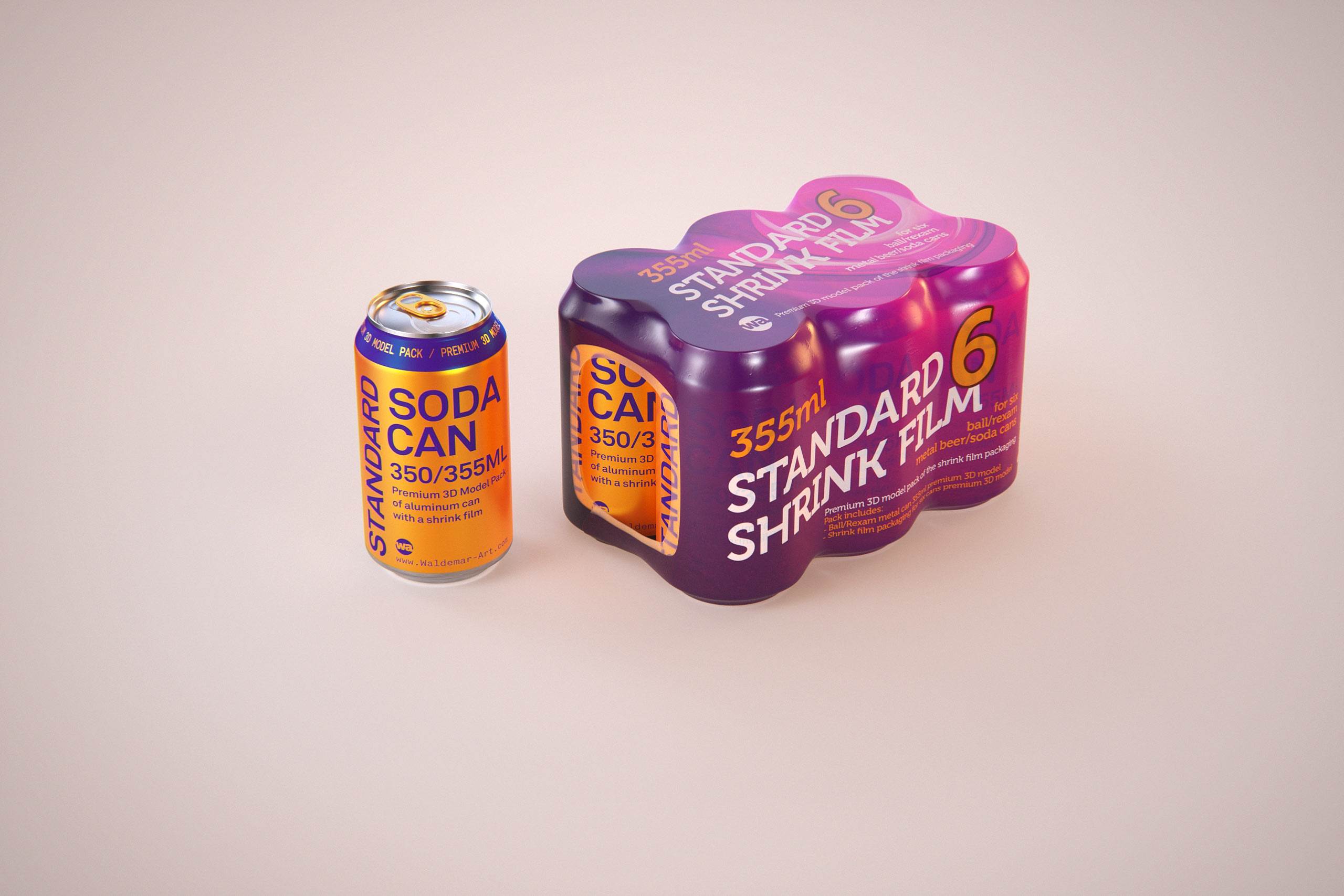 Premium packaging 3D Model of 6x350ml/355ml Standard Beer/Soda Cans in Smooth Shrink Film Wrap