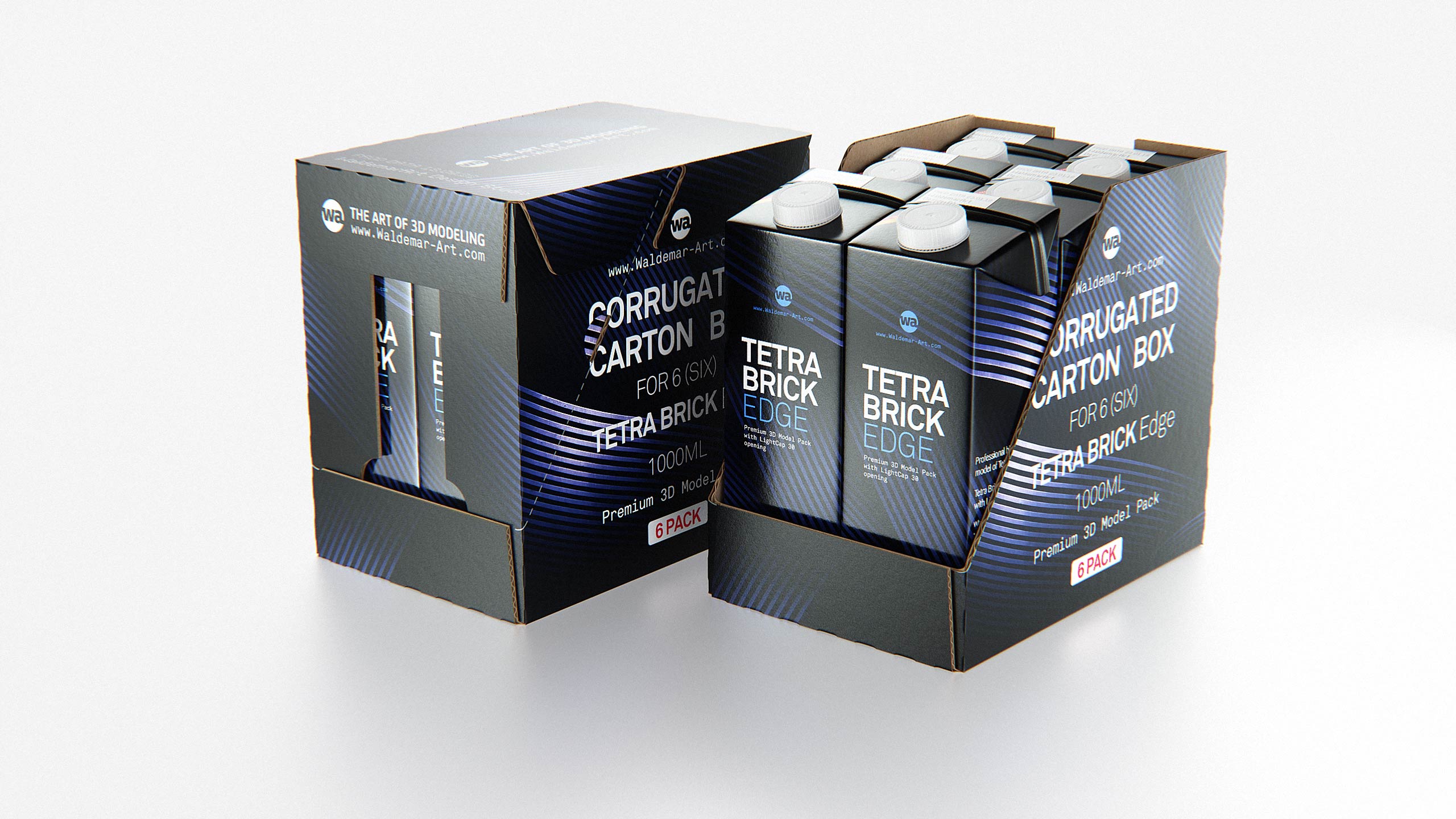 Premium Packaging 3D Model of corrugated cardboard box for 6x1000ml Tetra Brick Edge