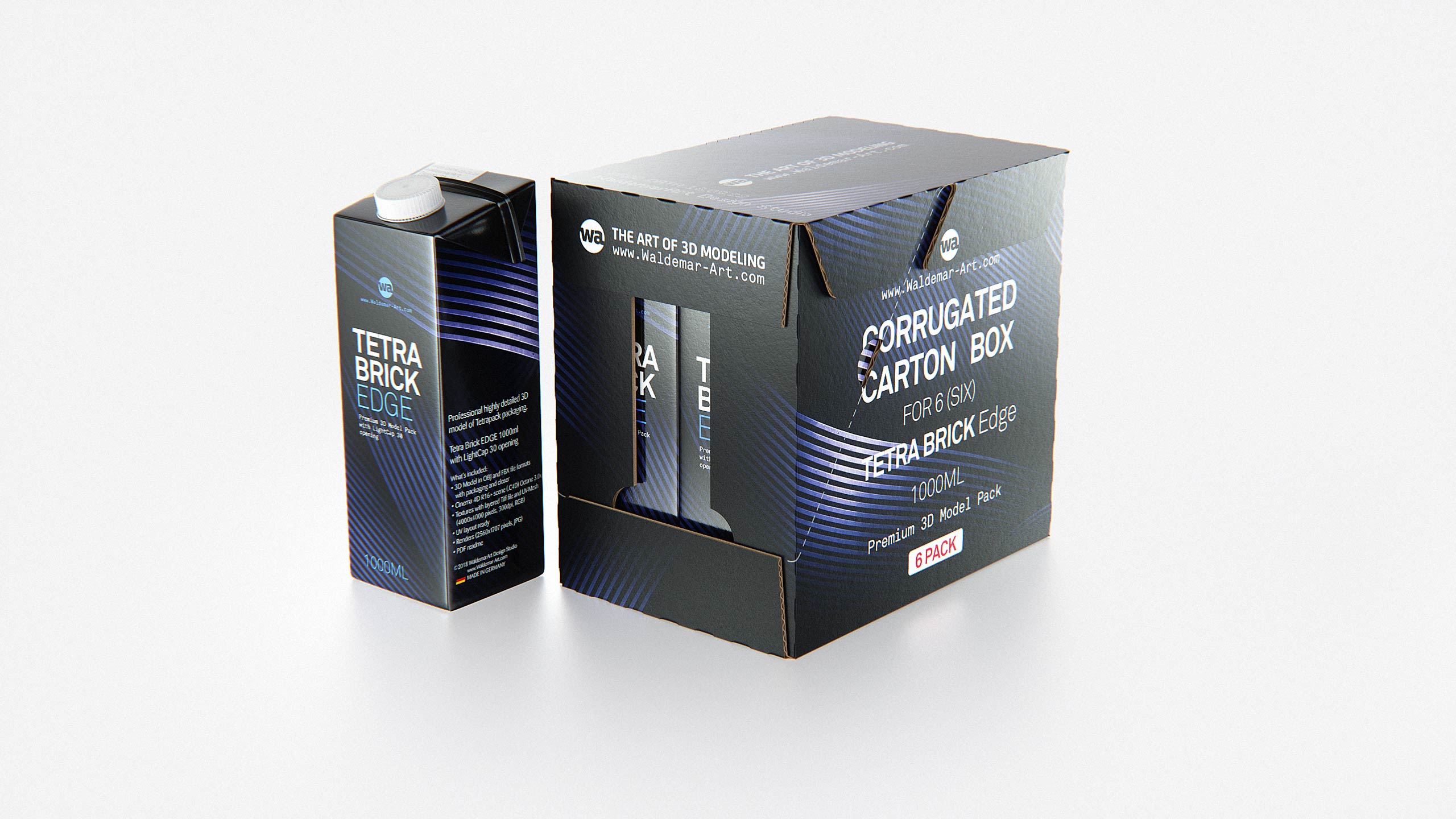 Premium Packaging 3D Model of corrugated cardboard box for 6x1000ml Tetra Brick Edge