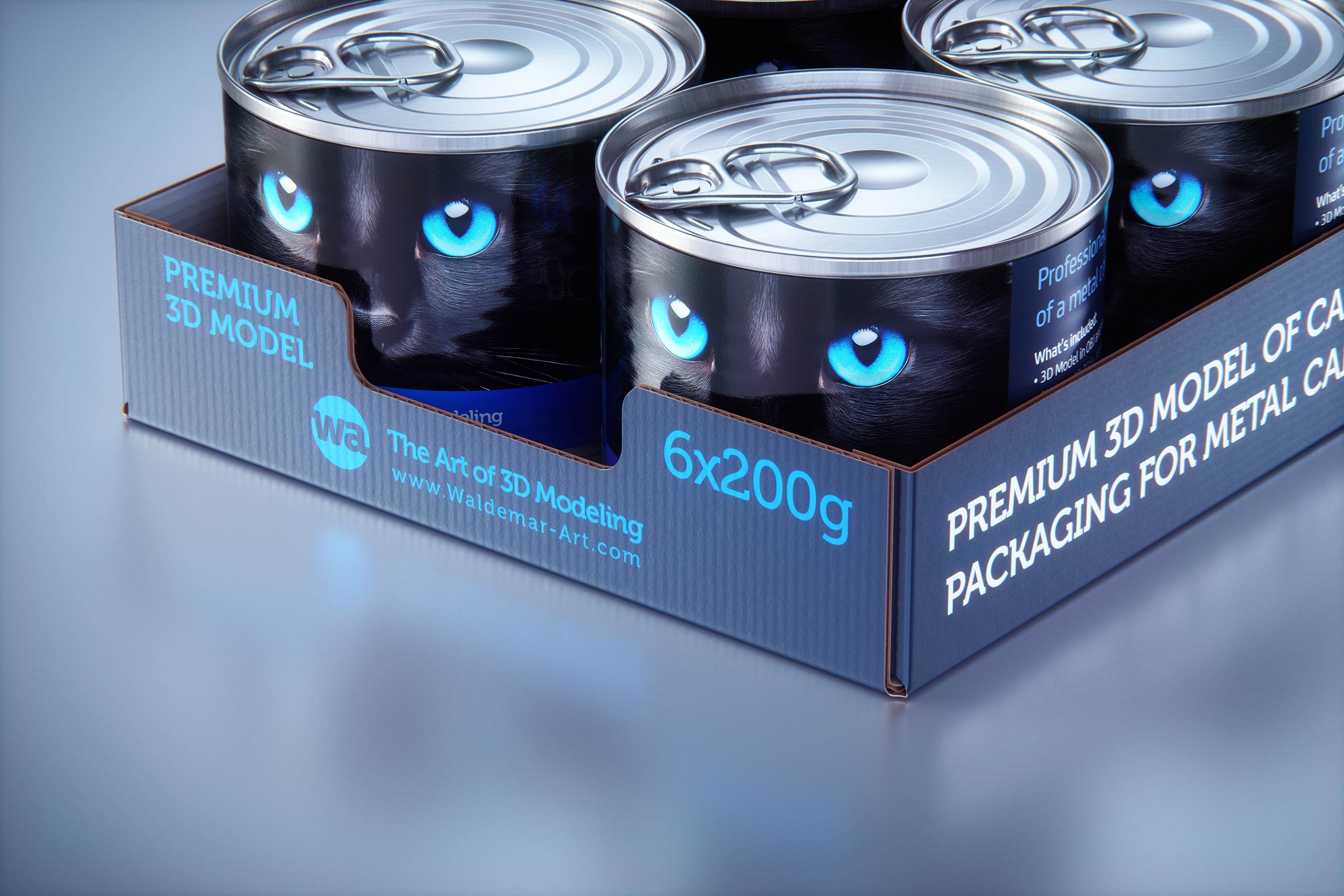 Premium 3D model of cardboard multi-pack packaging for 6x200g metal cans of pet food