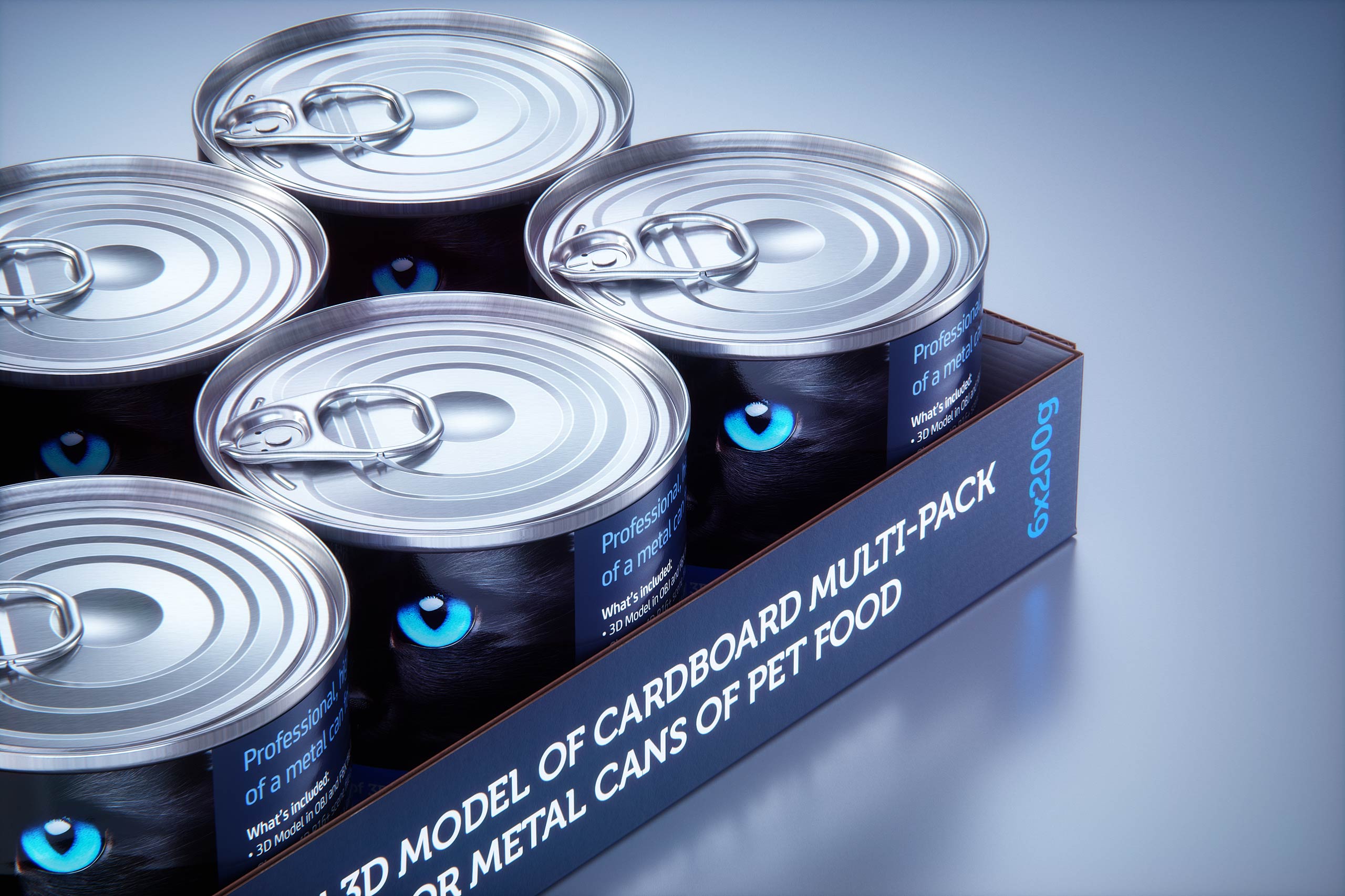 Premium 3D model of cardboard multi-pack packaging for 6x200g metal cans of pet food