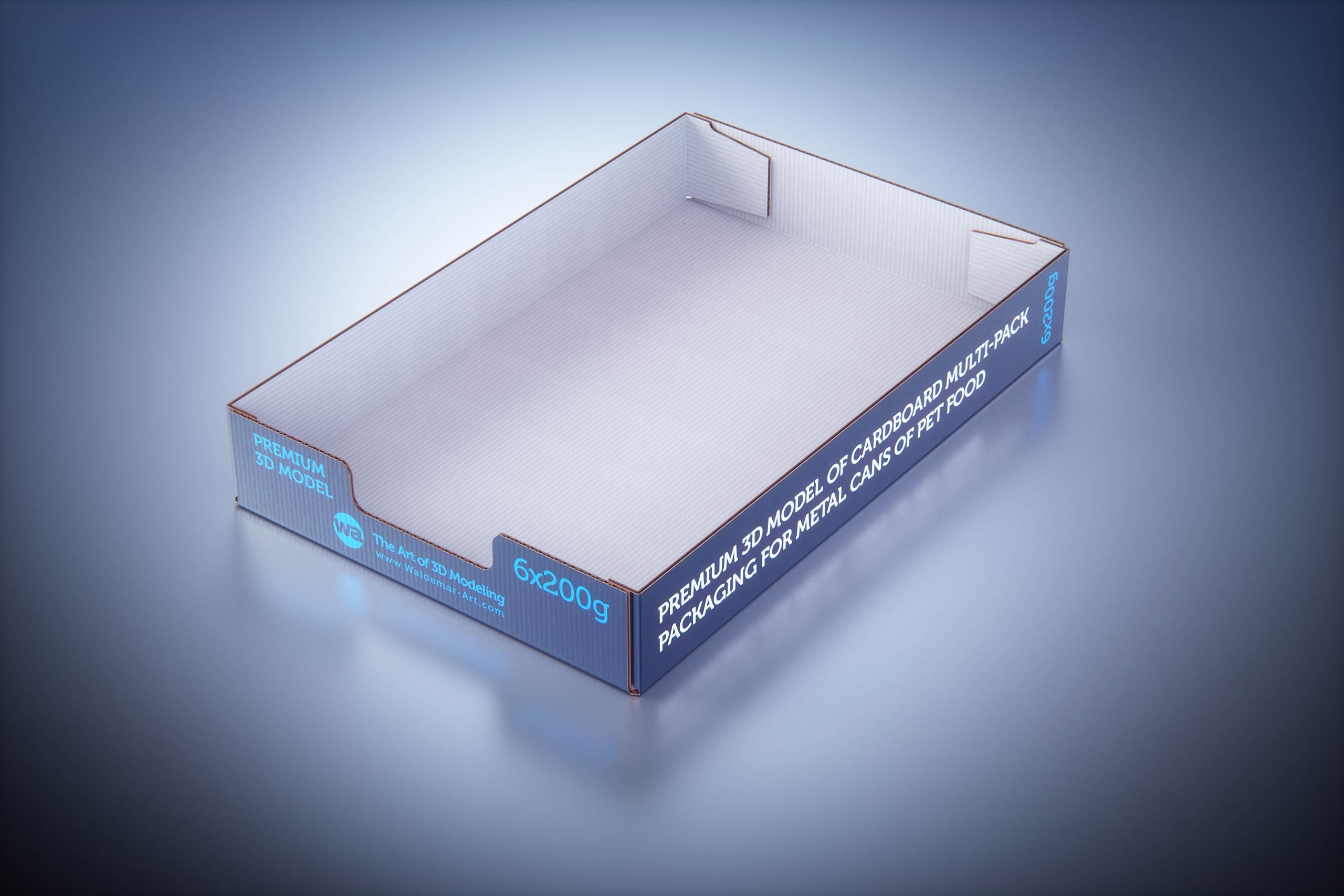 Premium 3D model of cardboard multi-pack packaging for 6x200g metal cans of pet food