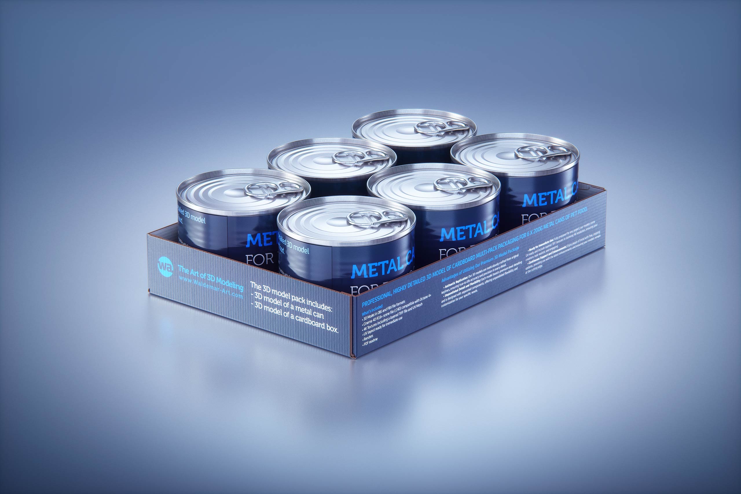 Premium 3D model of cardboard multi-pack packaging for 6x200g metal cans of pet food