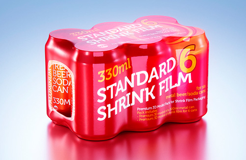 Multipack of 6×330ml standard beer or soda cans, wrapped in shrink film