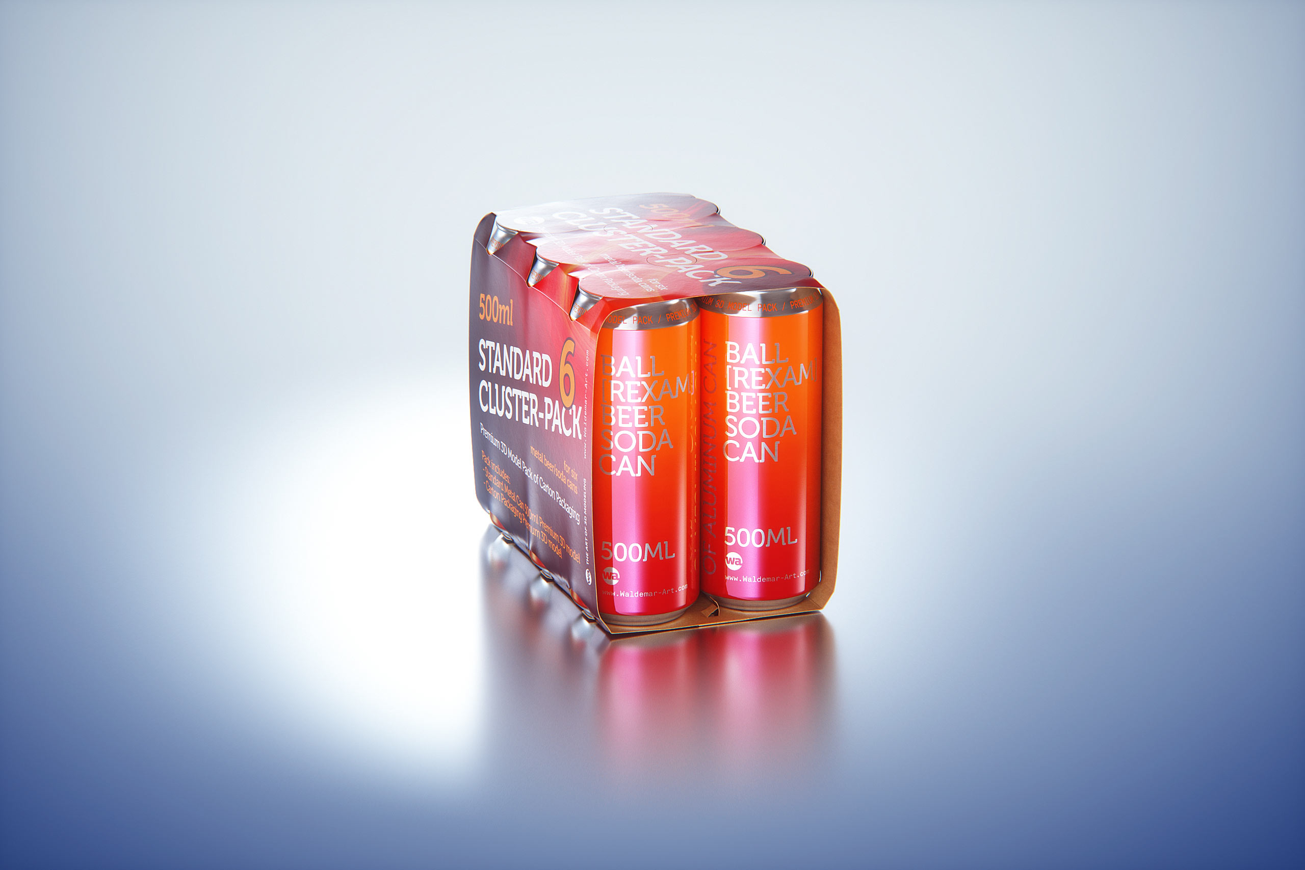 Premium Packaging 3D Model of Carton Cluster-Pack  for 6x500ml Standard Soda/Beer Can