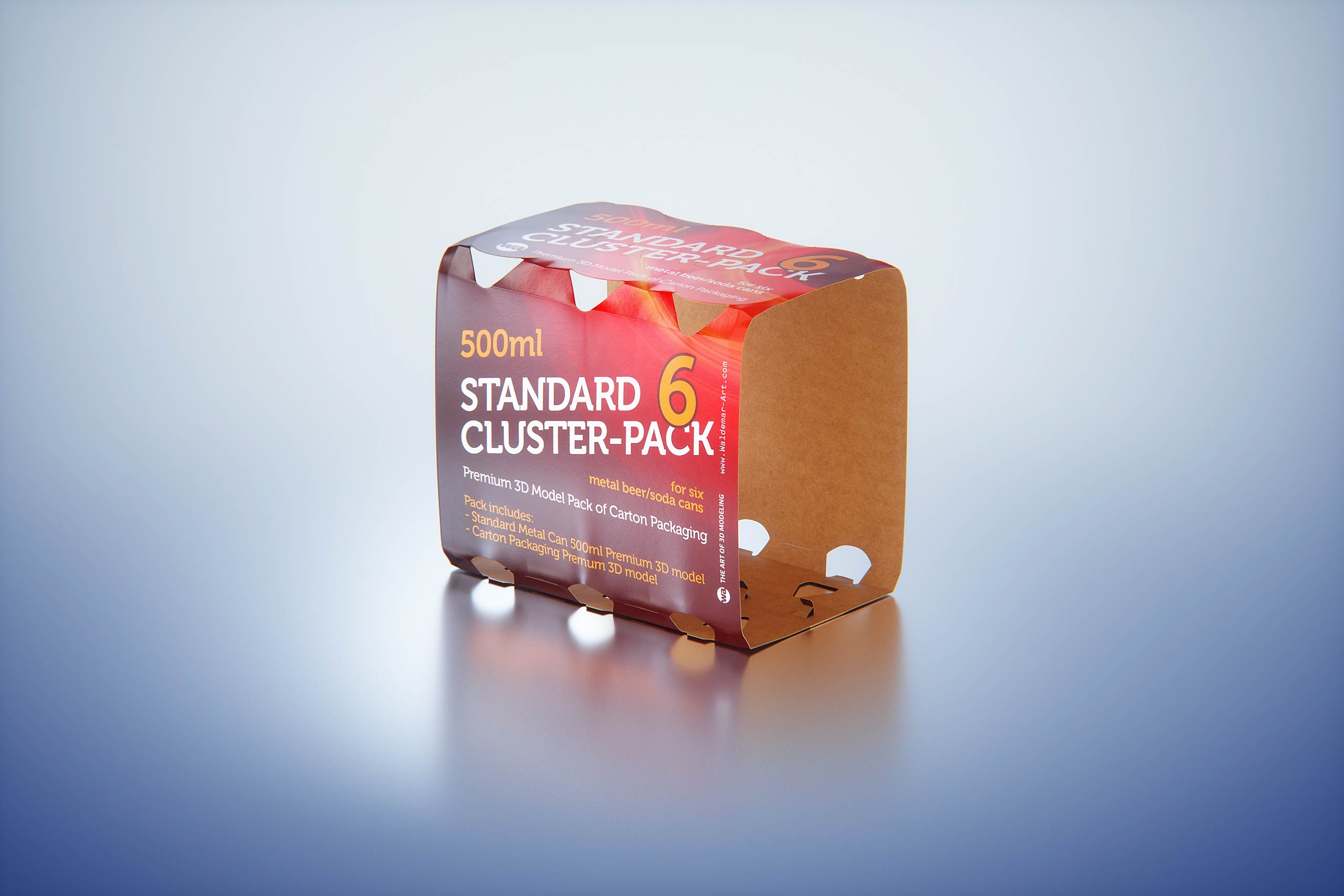 Premium Packaging 3D Model of Carton Cluster-Pack  for 6x500ml Standard Soda/Beer Can