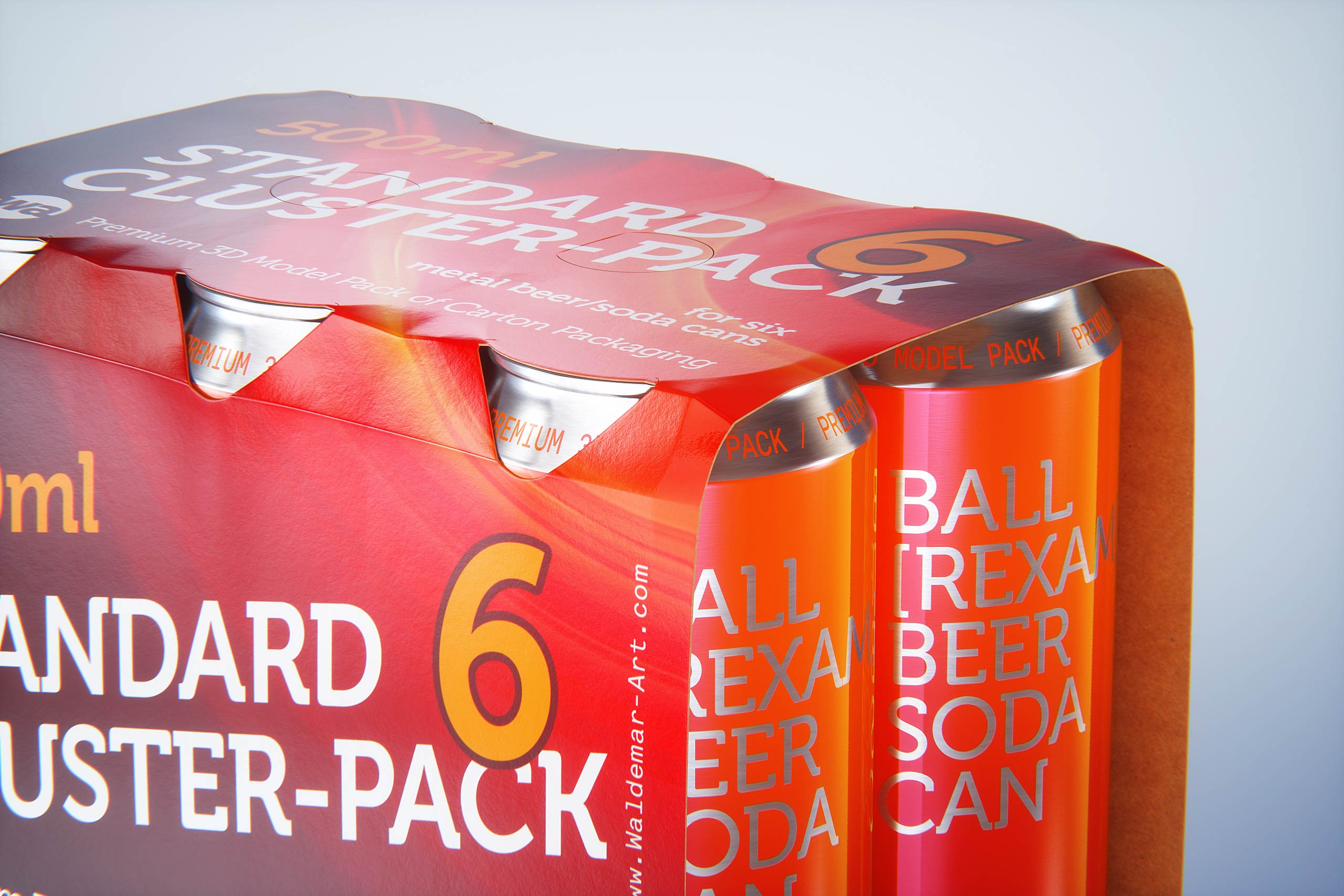 Premium Packaging 3D Model of Carton Cluster-Pack  for 6x500ml Standard Soda/Beer Can
