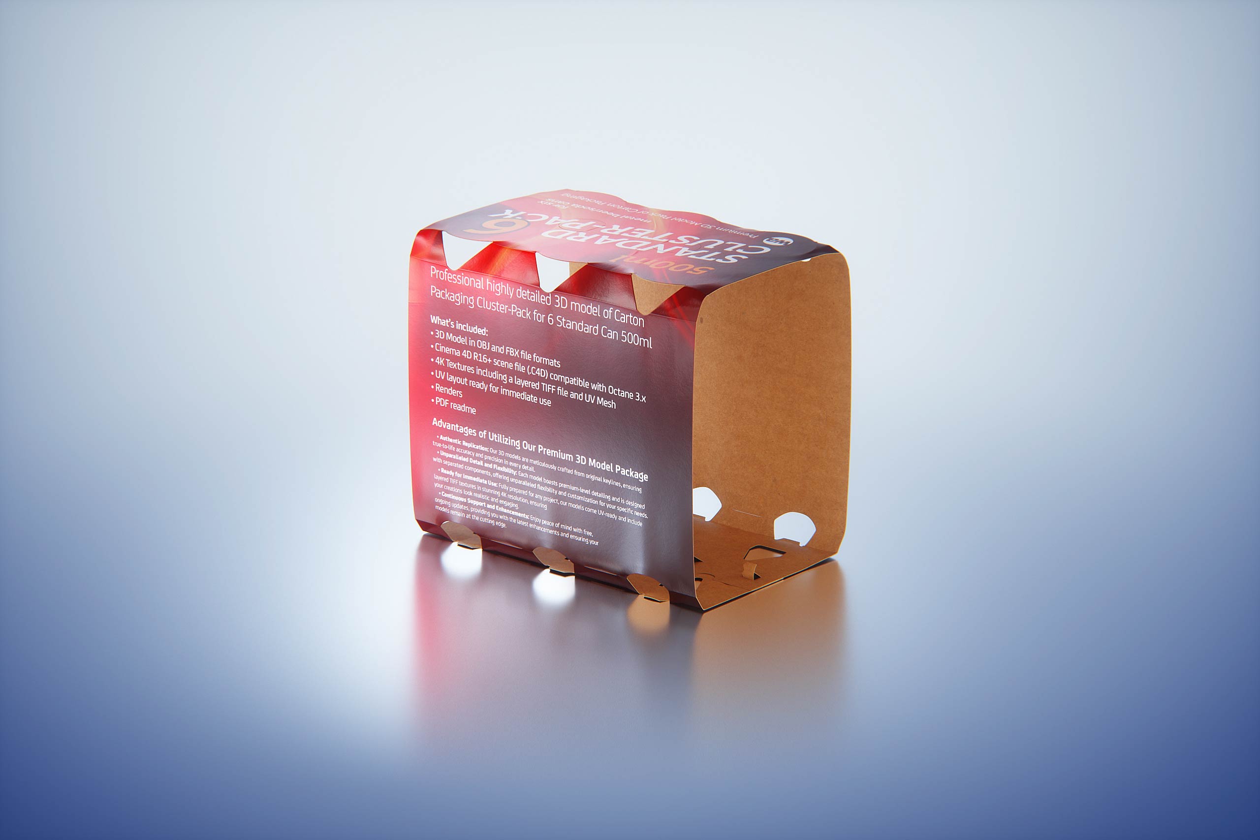 Premium Packaging 3D Model of Carton Cluster-Pack  for 6x500ml Standard Soda/Beer Can