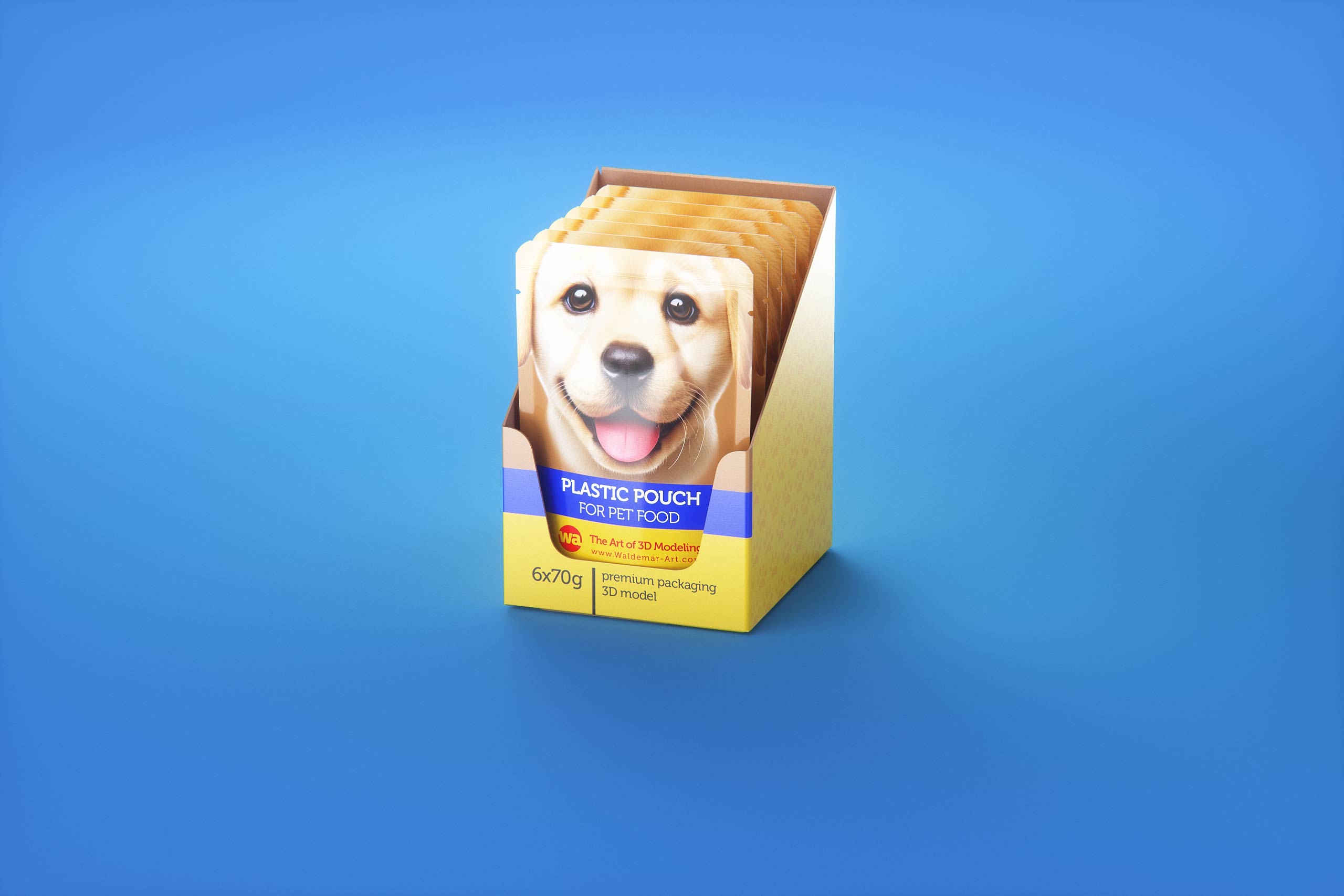Premium 3D model of carton multi-pack packaging for 6x70g plastic pouches of pet food