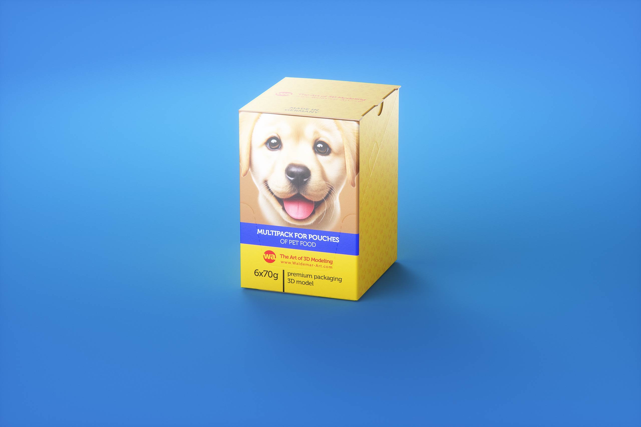 Premium 3D model of carton multi-pack packaging for 6x70g plastic pouches of pet food