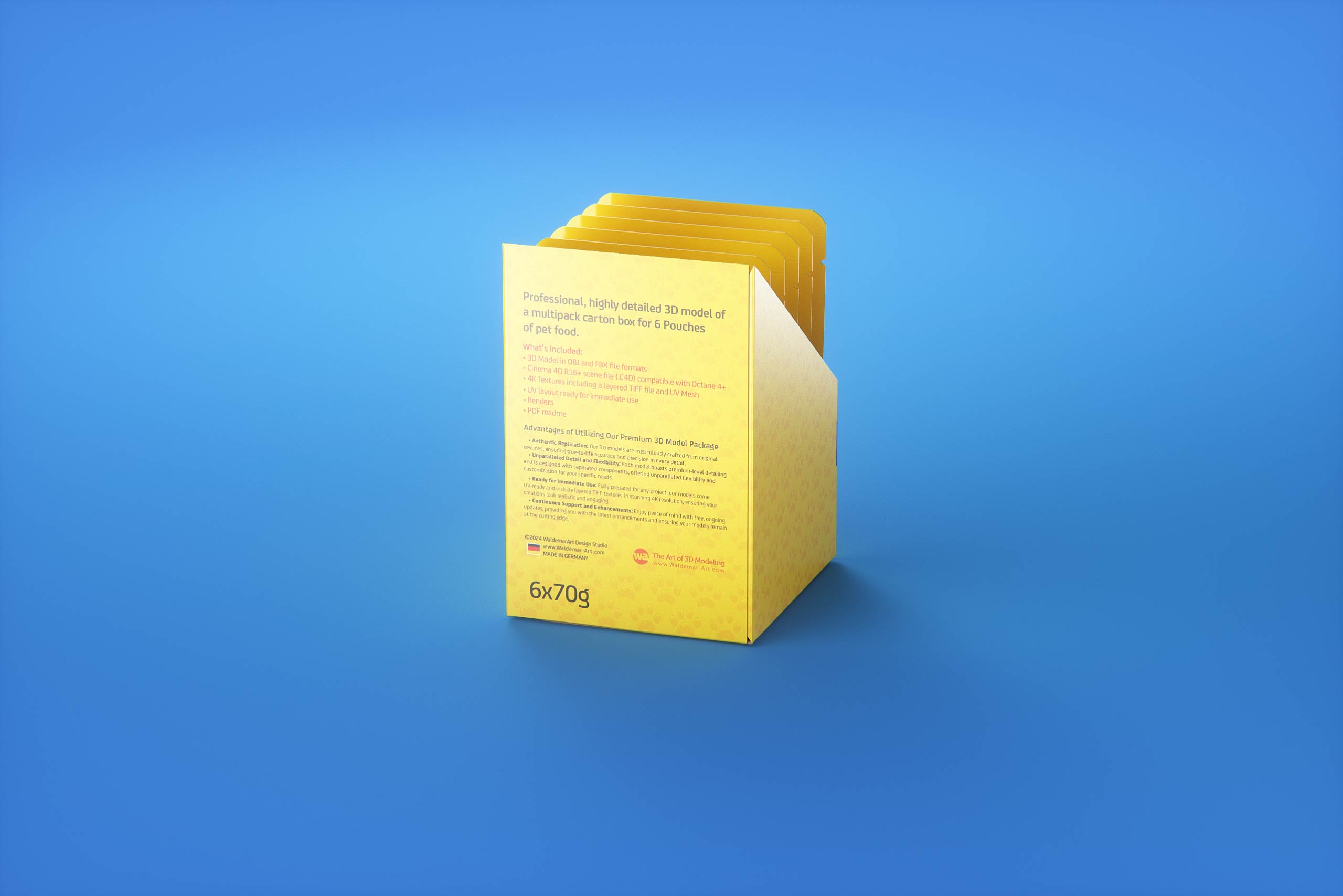Premium 3D model of carton multi-pack packaging for 6x70g plastic pouches of pet food