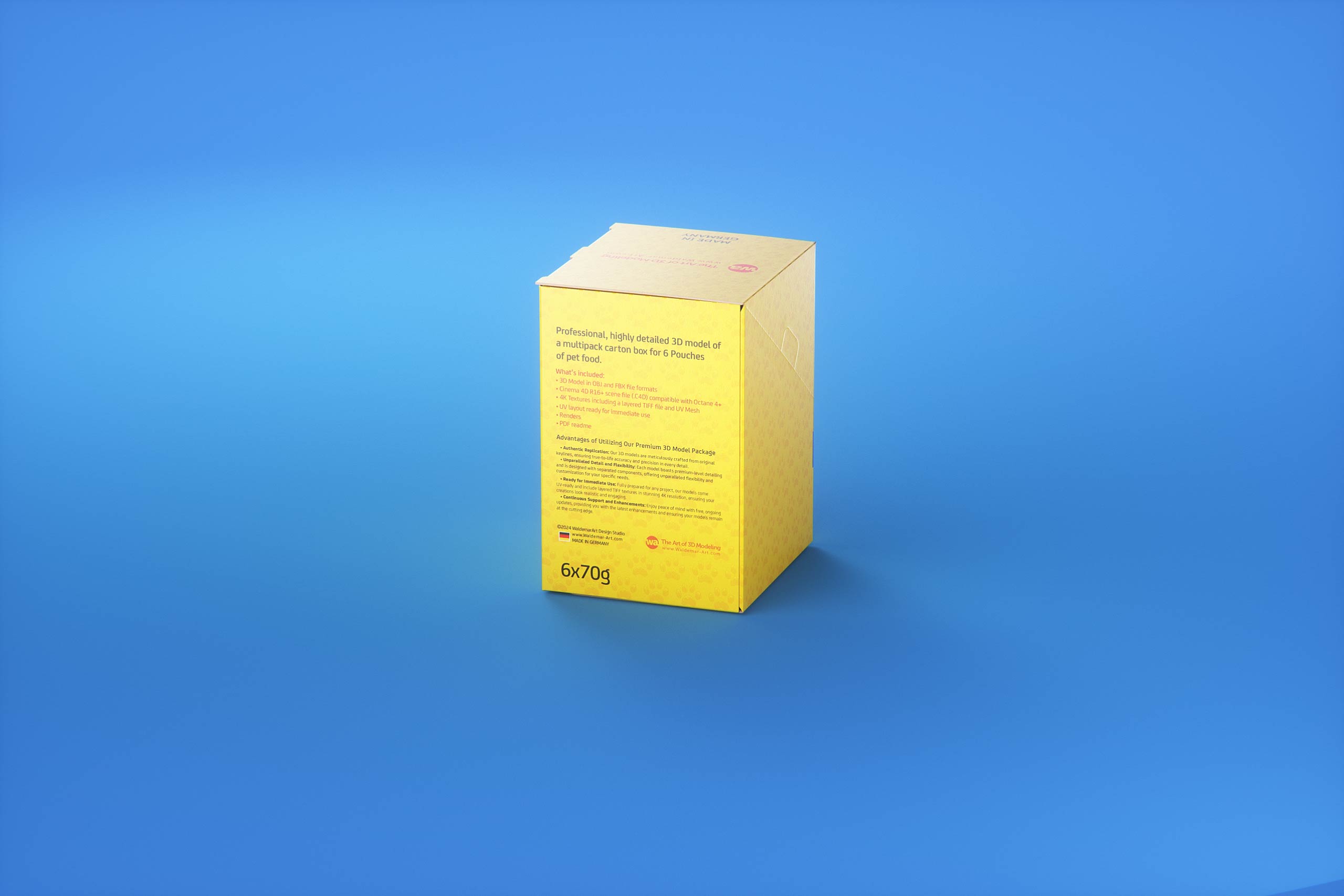 Premium 3D model of carton multi-pack packaging for 6x70g plastic pouches of pet food