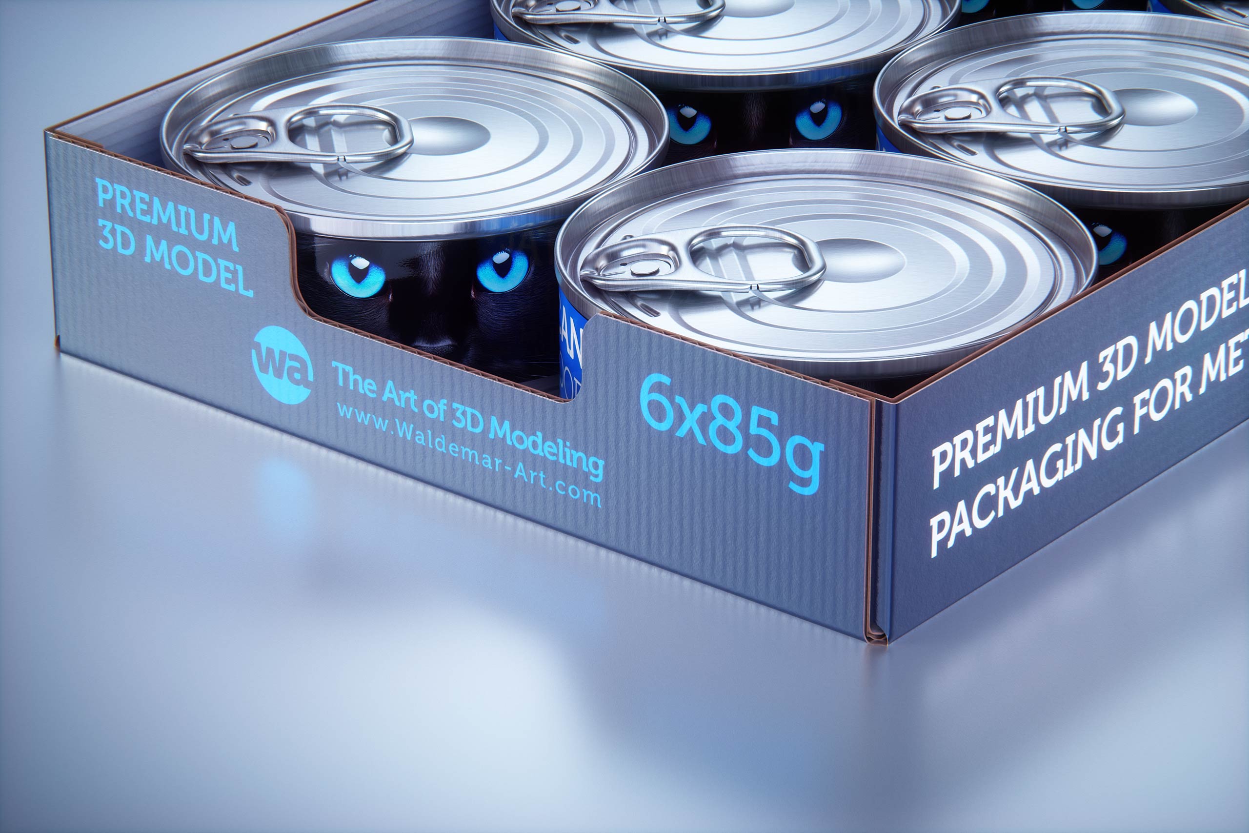 Premium 3D model of cardboard multi-pack packaging for 6x85g metal cans of pet food