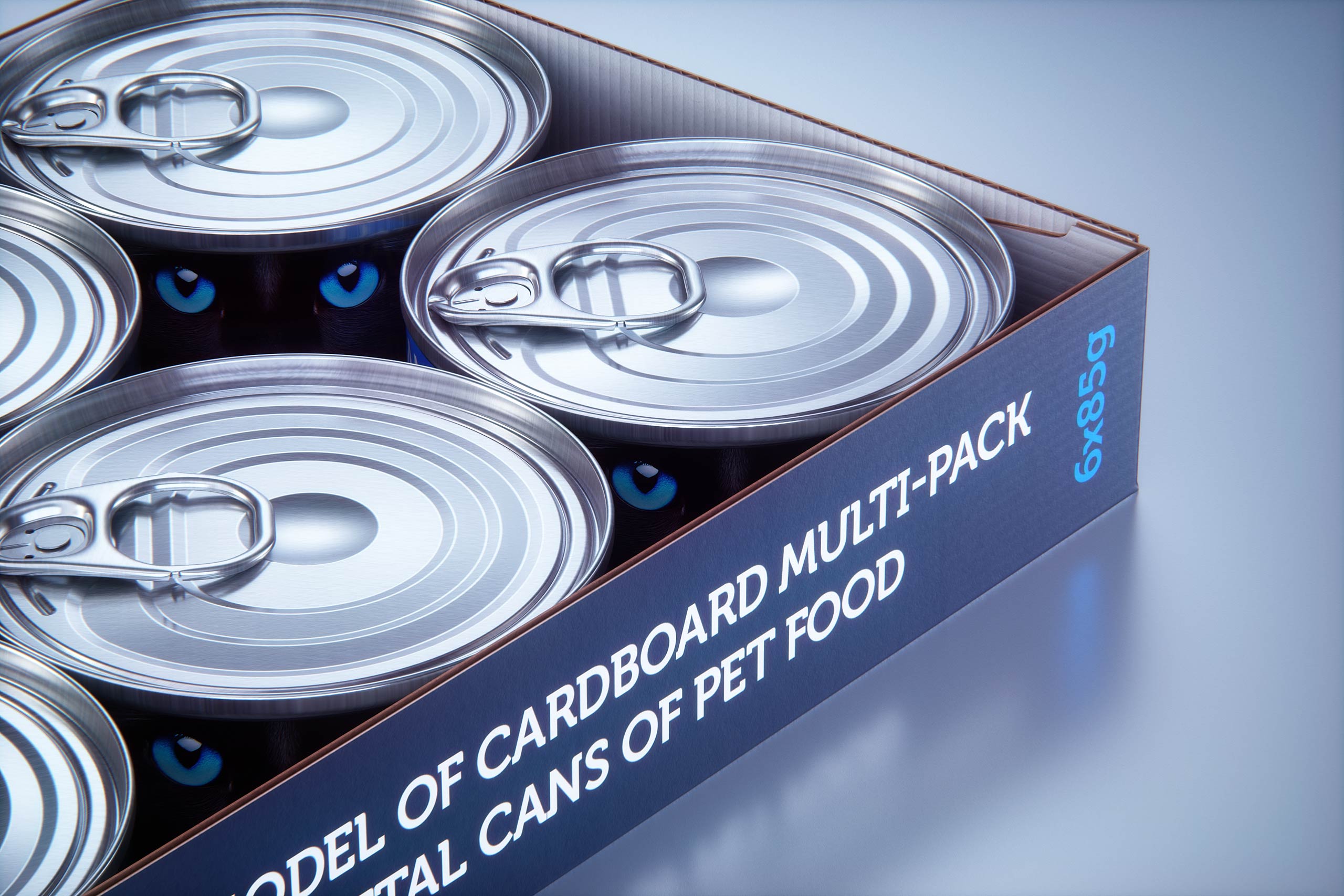 Premium 3D model of cardboard multi-pack packaging for 6x85g metal cans of pet food