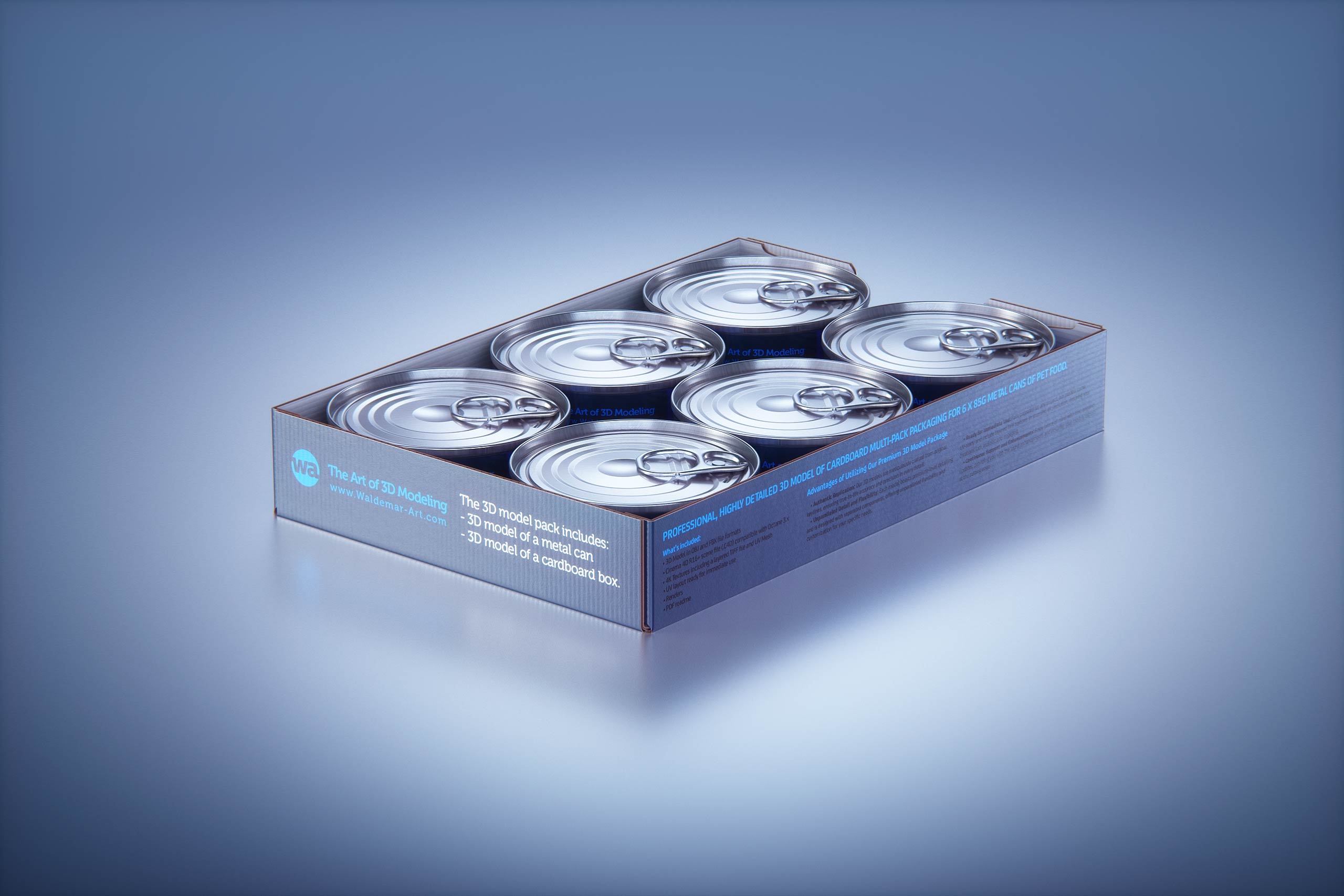 Premium 3D model of cardboard multi-pack packaging for 6x85g metal cans of pet food