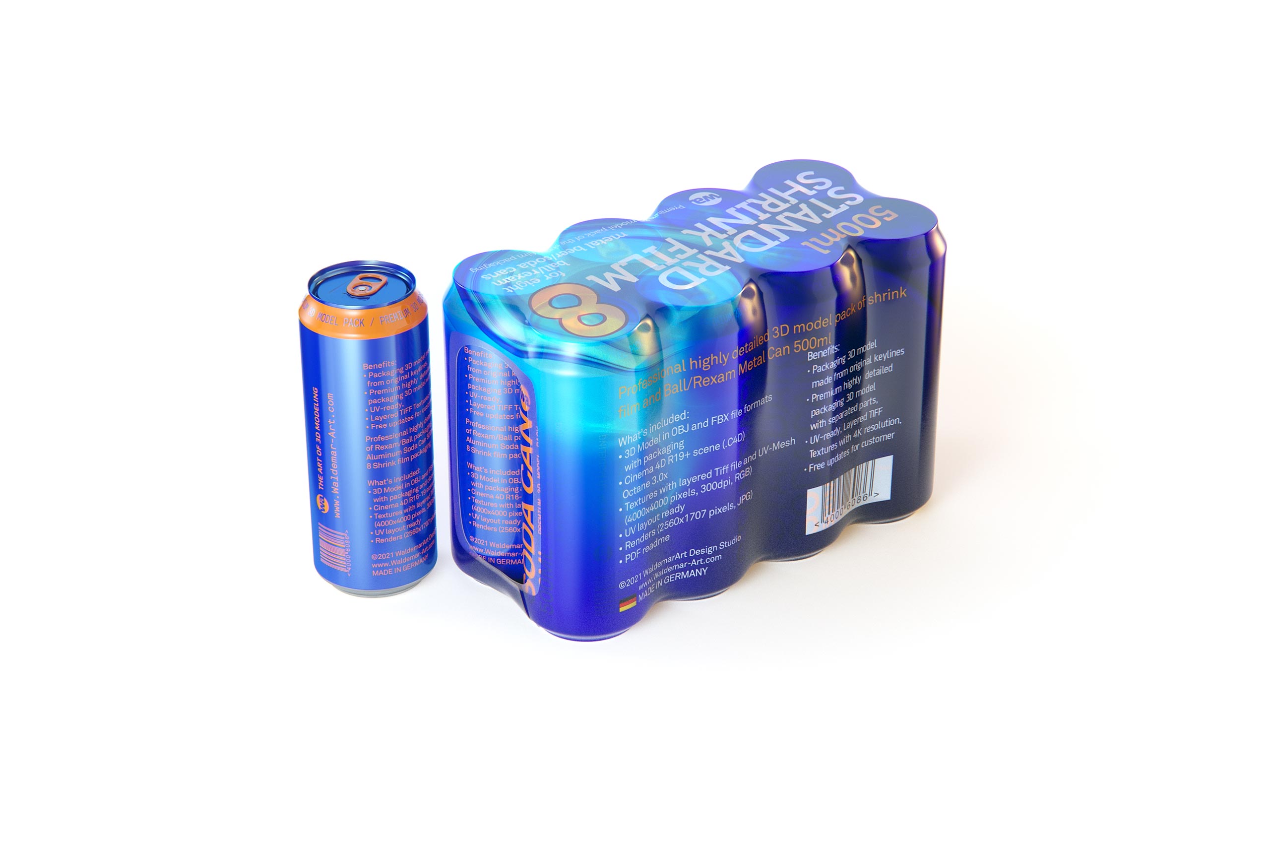 Premium packaging 3D Model of 8x500ml Standard Beer/Soda Cans in Shrink Film Wrap