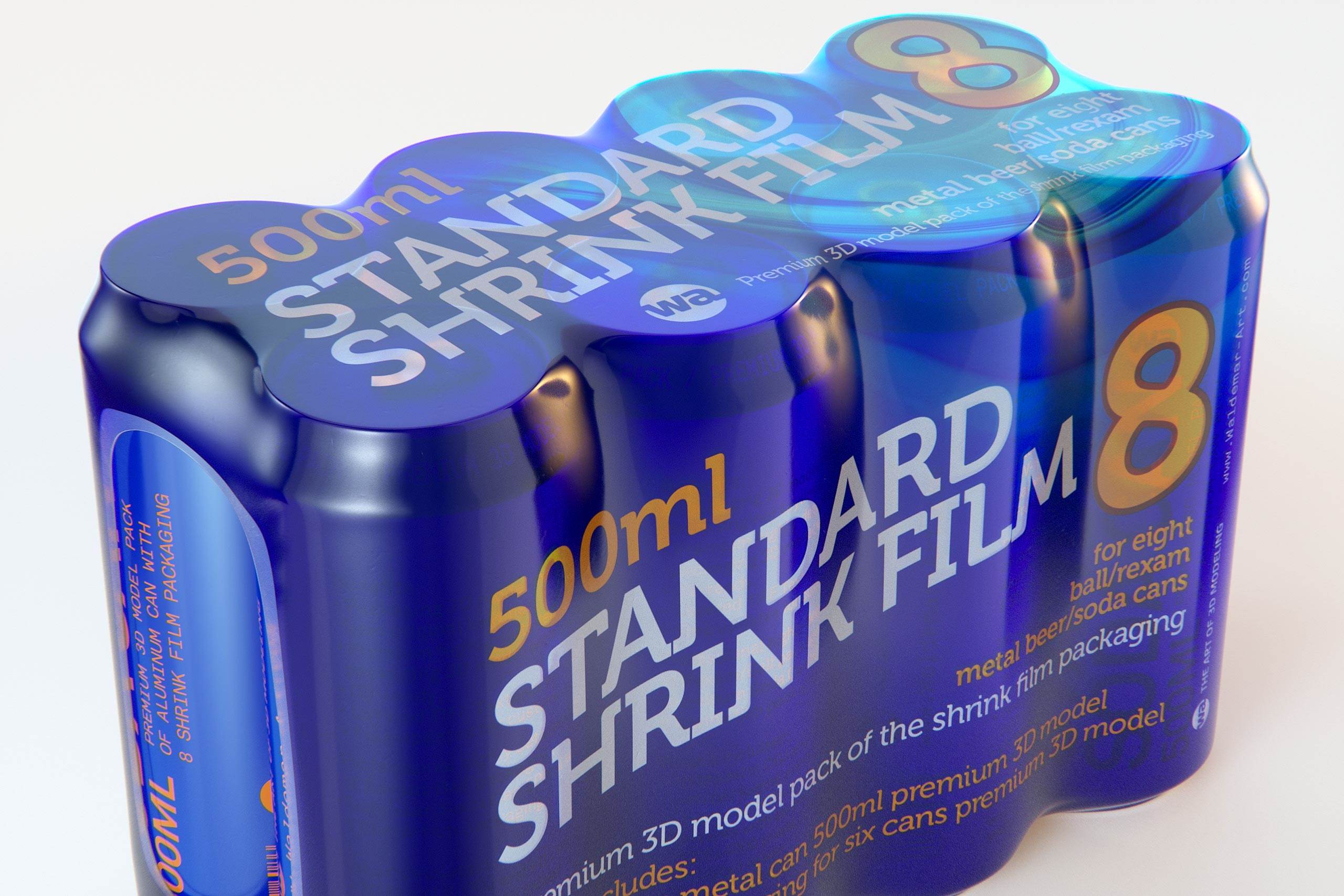 Premium packaging 3D Model of 8x500ml Standard Beer/Soda Cans in Shrink Film Wrap