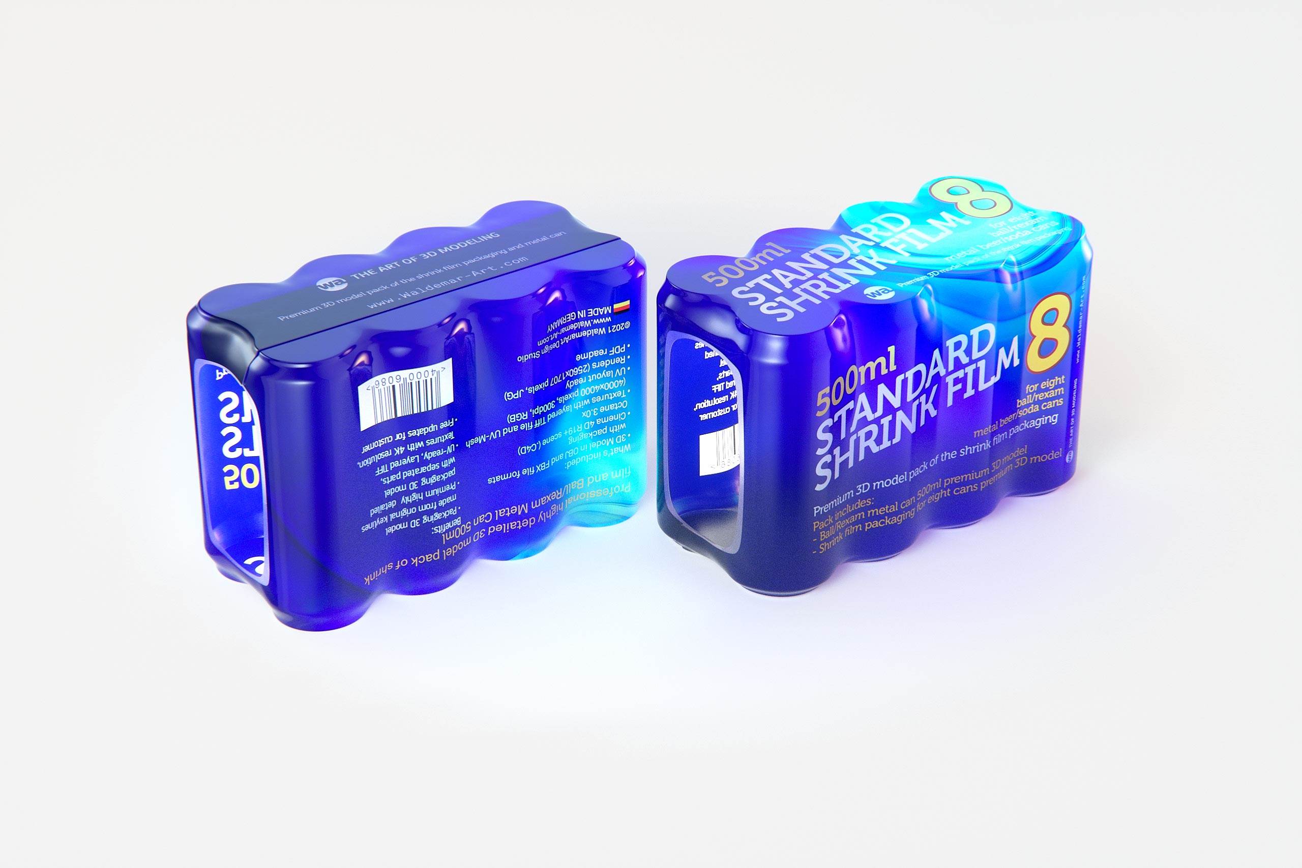 Premium packaging 3D Model of 8x500ml Standard Beer/Soda Cans in Shrink Film Wrap