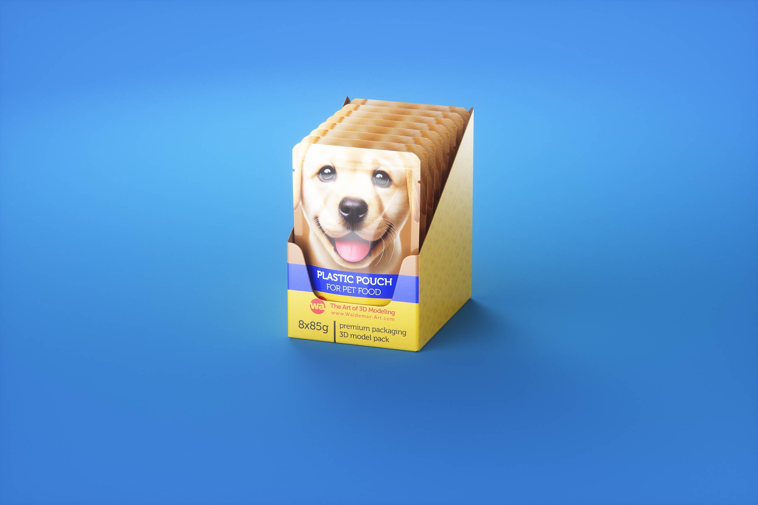 Premium 3D model of carton multi-pack packaging for 8x85g plastic pouches of pet food