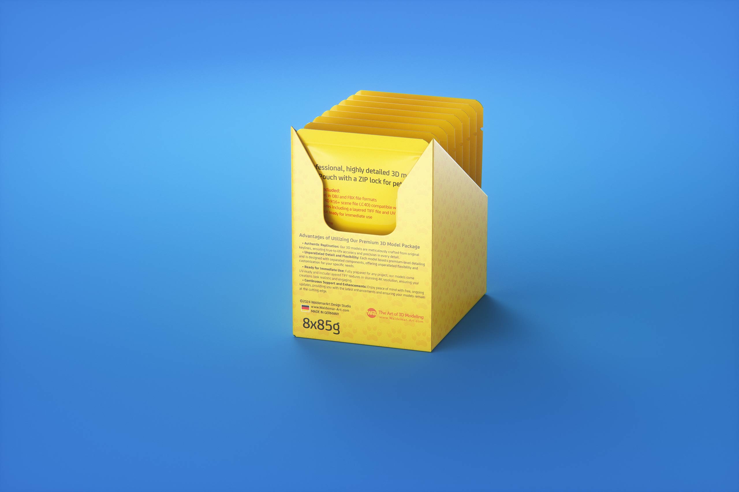 Premium 3D model of carton multi-pack packaging for 8x85g plastic pouches of pet food