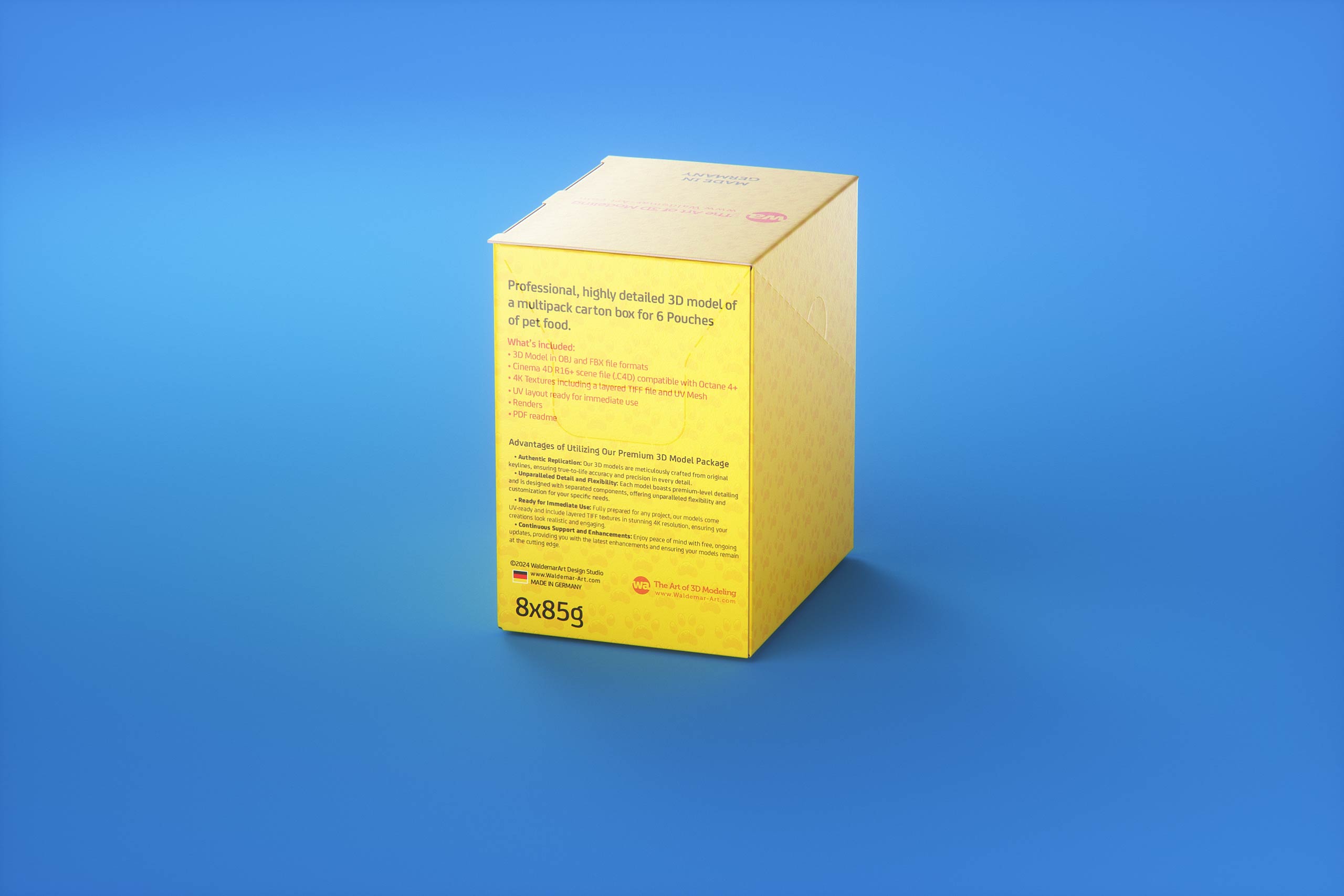 Premium 3D model of carton multi-pack packaging for 8x85g plastic pouches of pet food