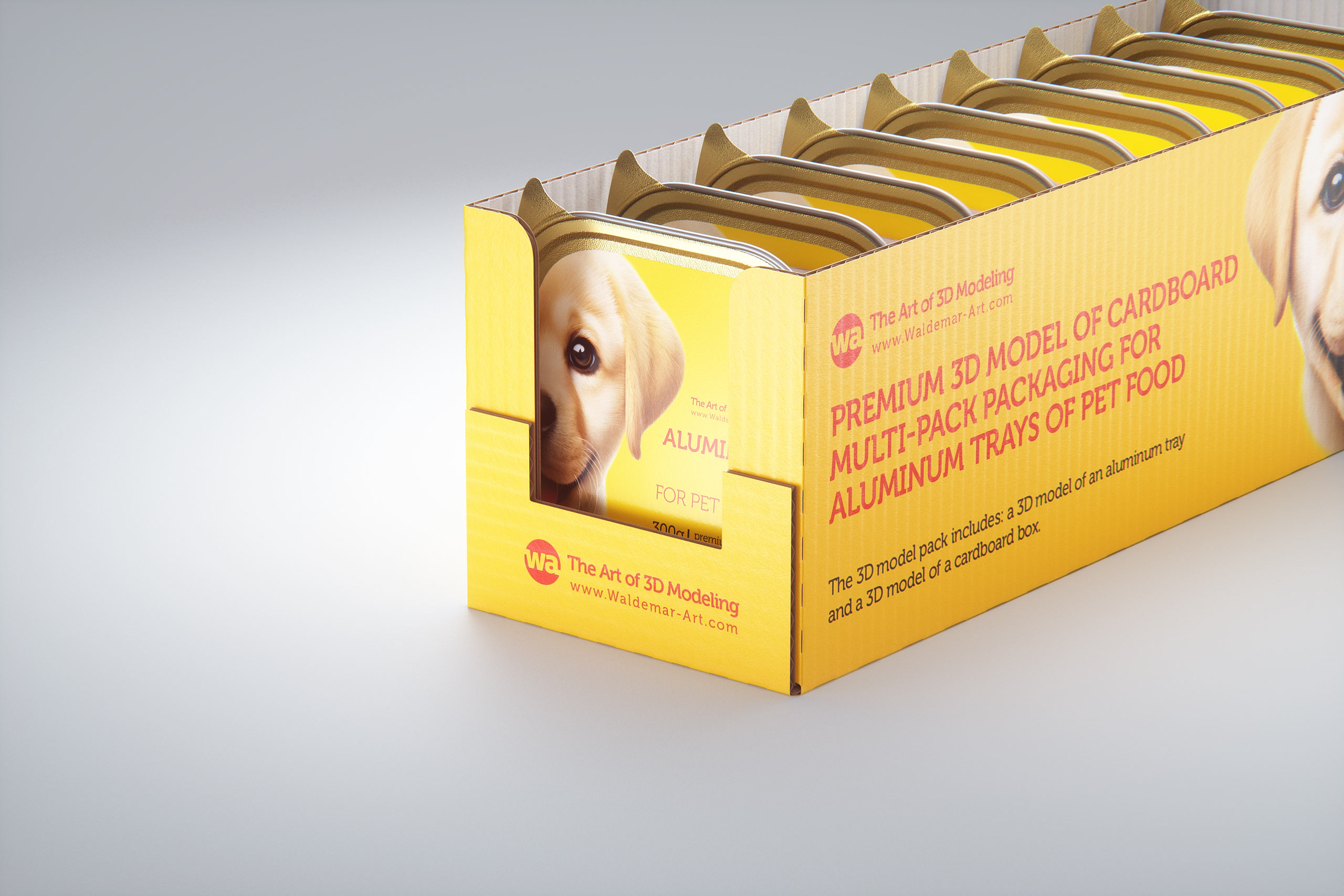 Premium 3D model of cardboard multi-pack packaging for 9x300g aluminum trays of pet food