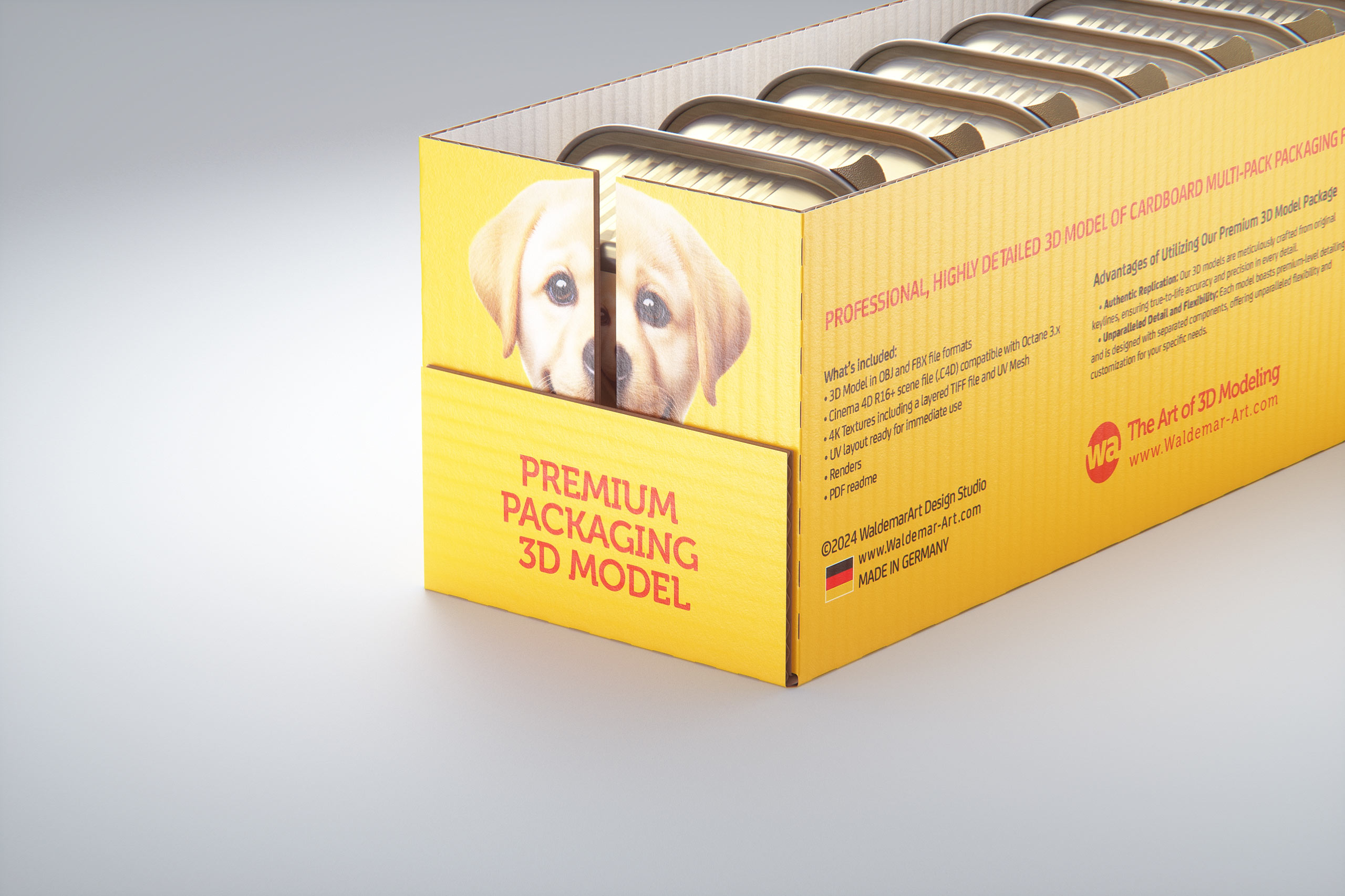 Premium 3D model of cardboard multi-pack packaging for 9x300g aluminum trays of pet food