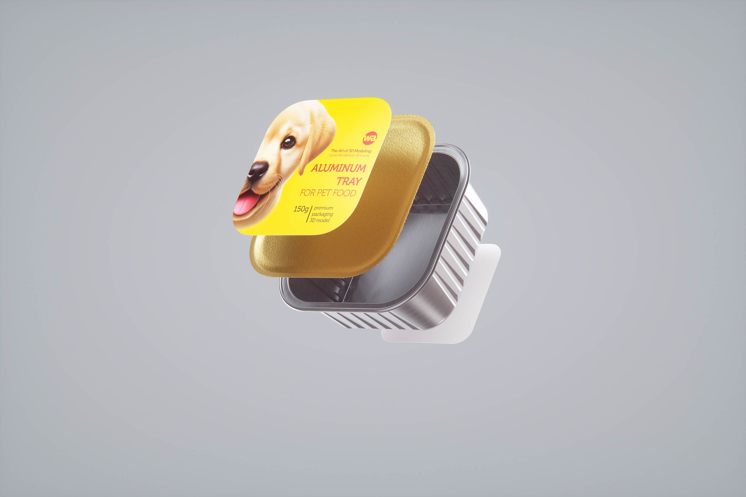 Premium packaging 3D model of a 150g aluminum tray of pet food