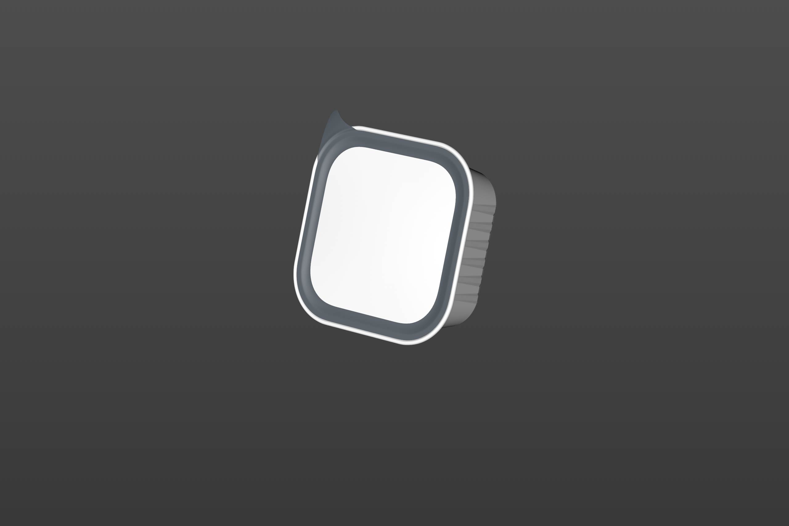Premium packaging 3D model of a 150g aluminum tray of pet food