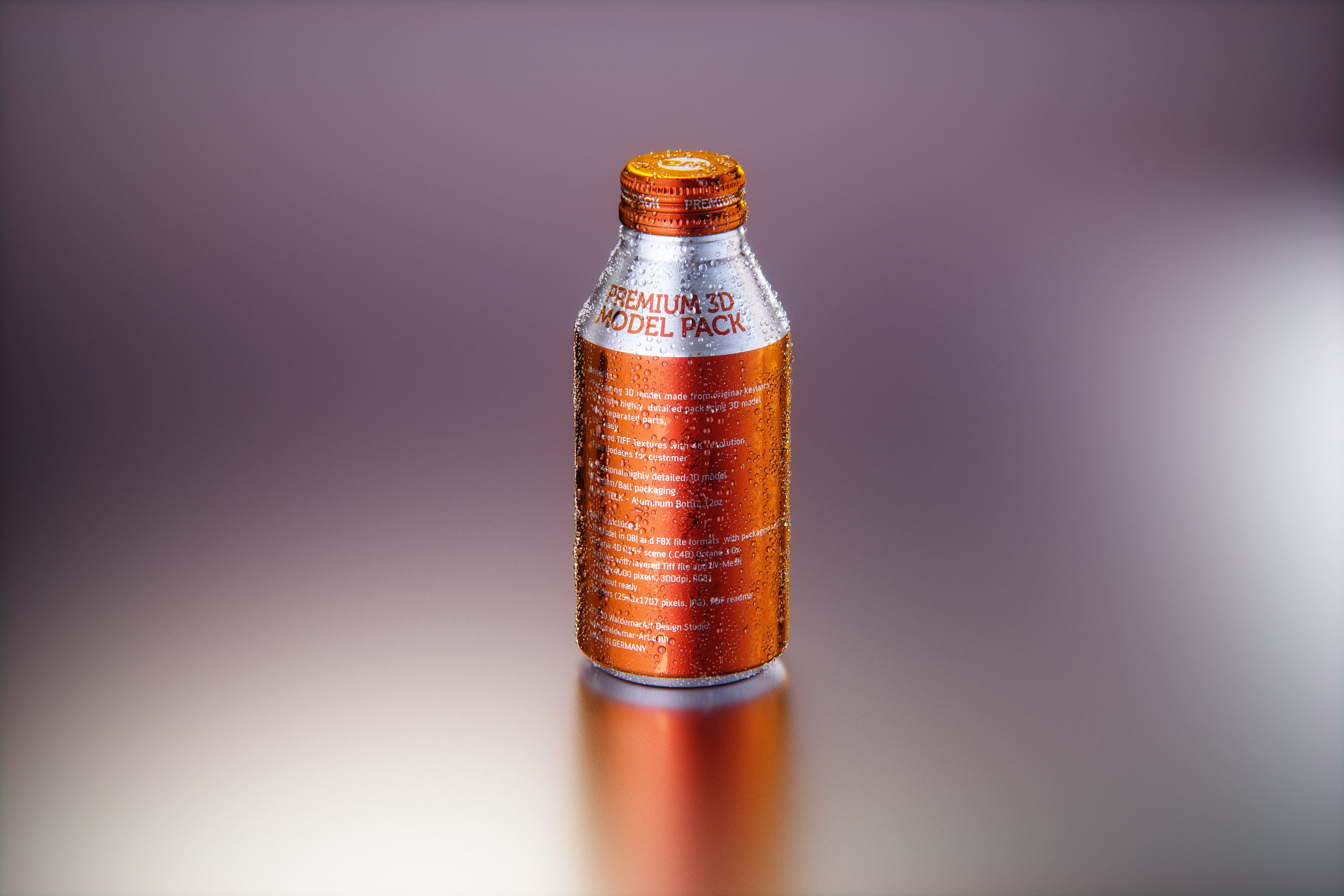 Premium Packaging 3D model of Alumi-tek Aluminum Bottle 355ml (12oz) with water droplets and a frost