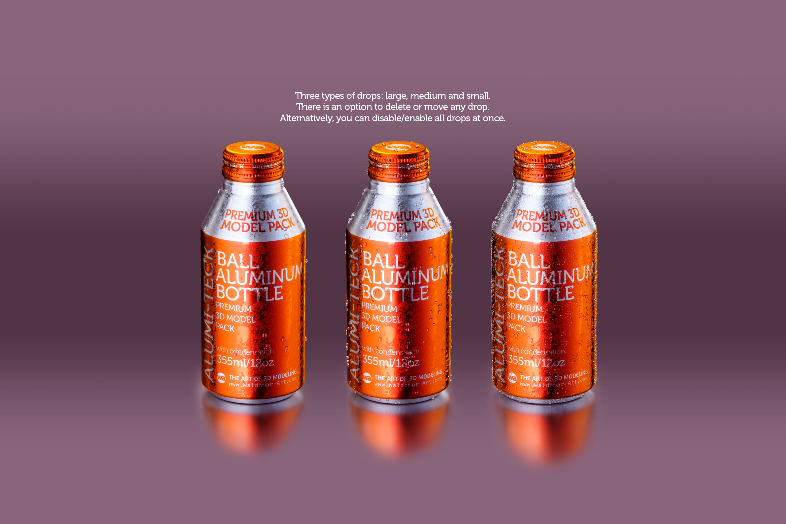 Premium Packaging 3D model of Alumi-tek Aluminum Bottle 355ml (12oz) with water droplets and a frost