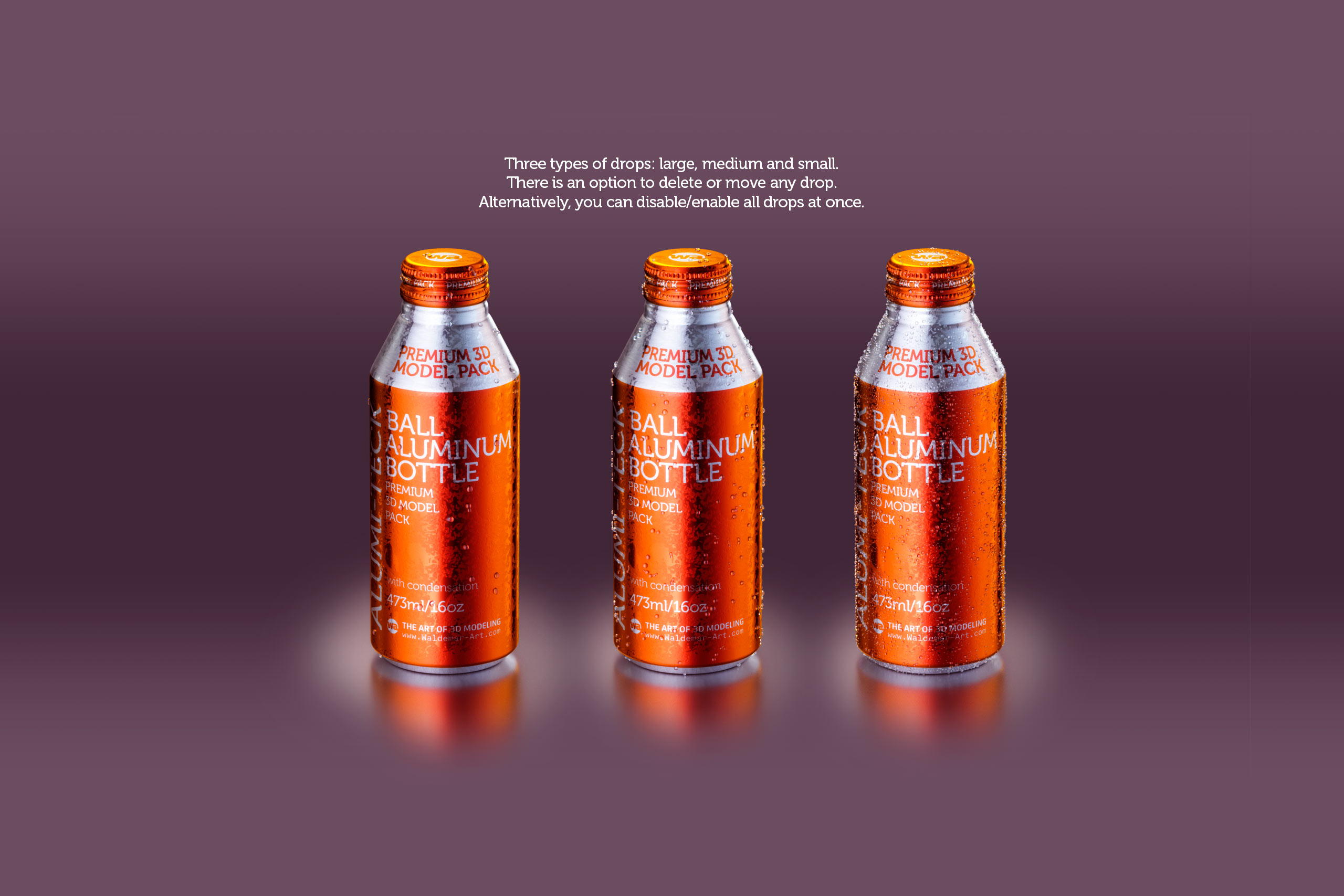 Premium Packaging 3D model of Alumi-tek Aluminum Bottle 473ml (16oz) with water droplets and a frost