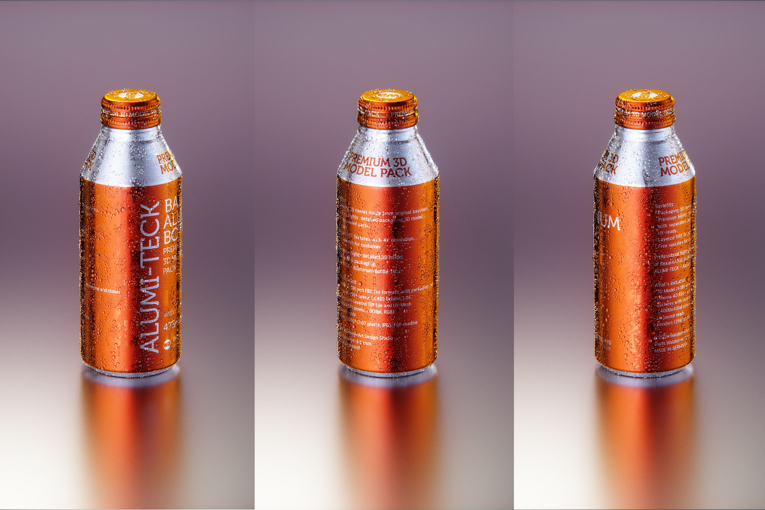 Premium Packaging 3D model of Alumi-tek Aluminum Bottle 473ml (16oz) with water droplets and a frost