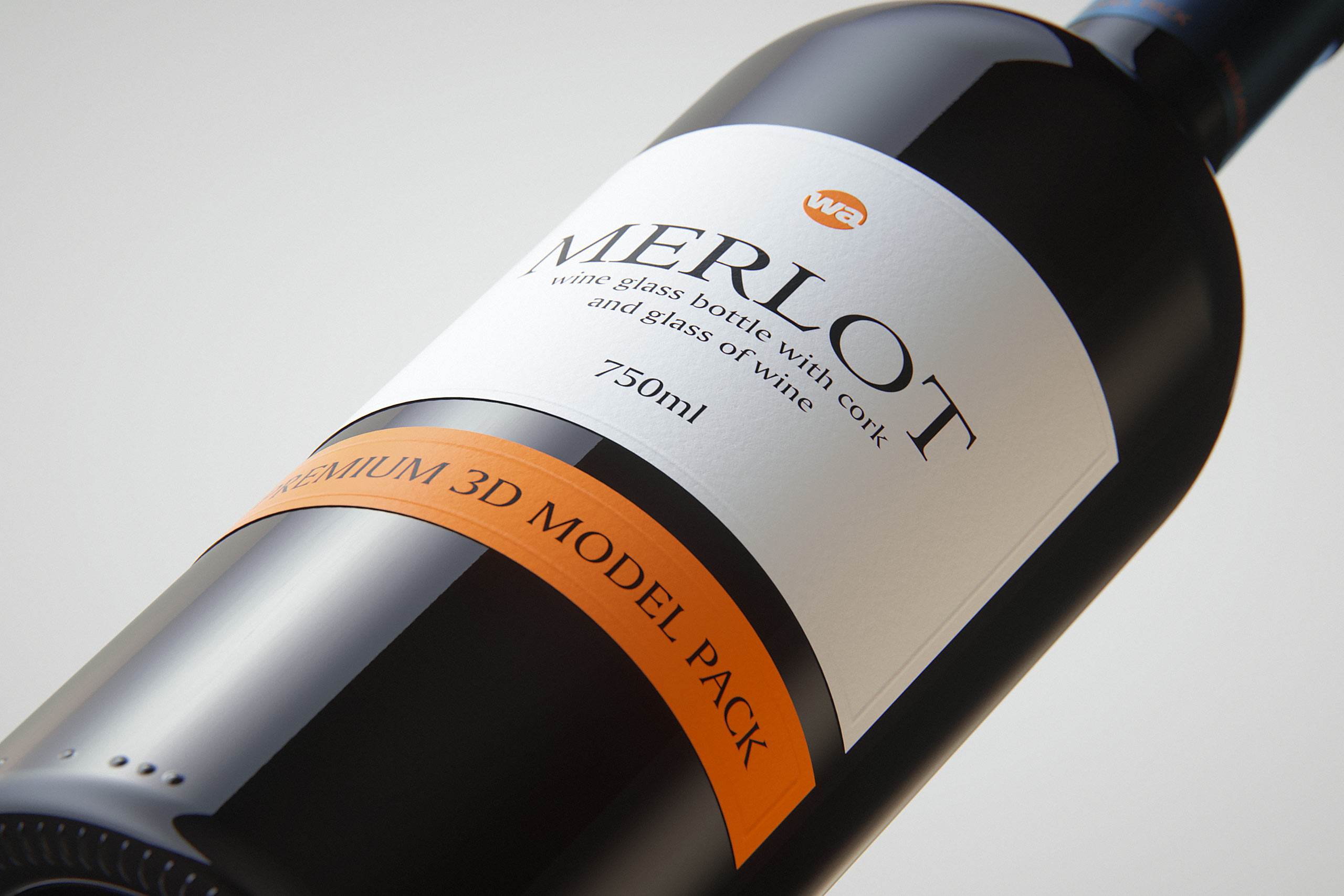 3D model of the Merlot Wine Standard Bottle 750ml with cork and glass of wine